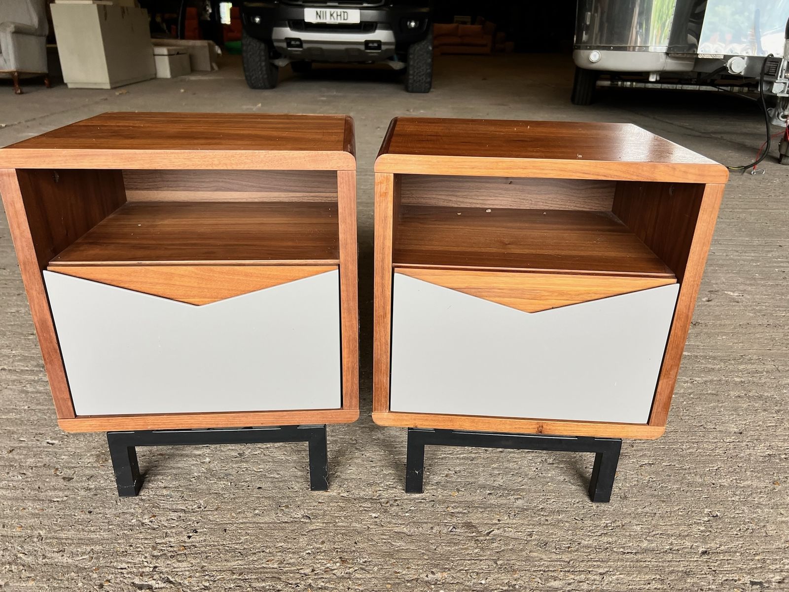 Pair Of Mid Century Modern Bedside Tables – Real Wood Veneer, Black Legs, Nightstands photo for sale