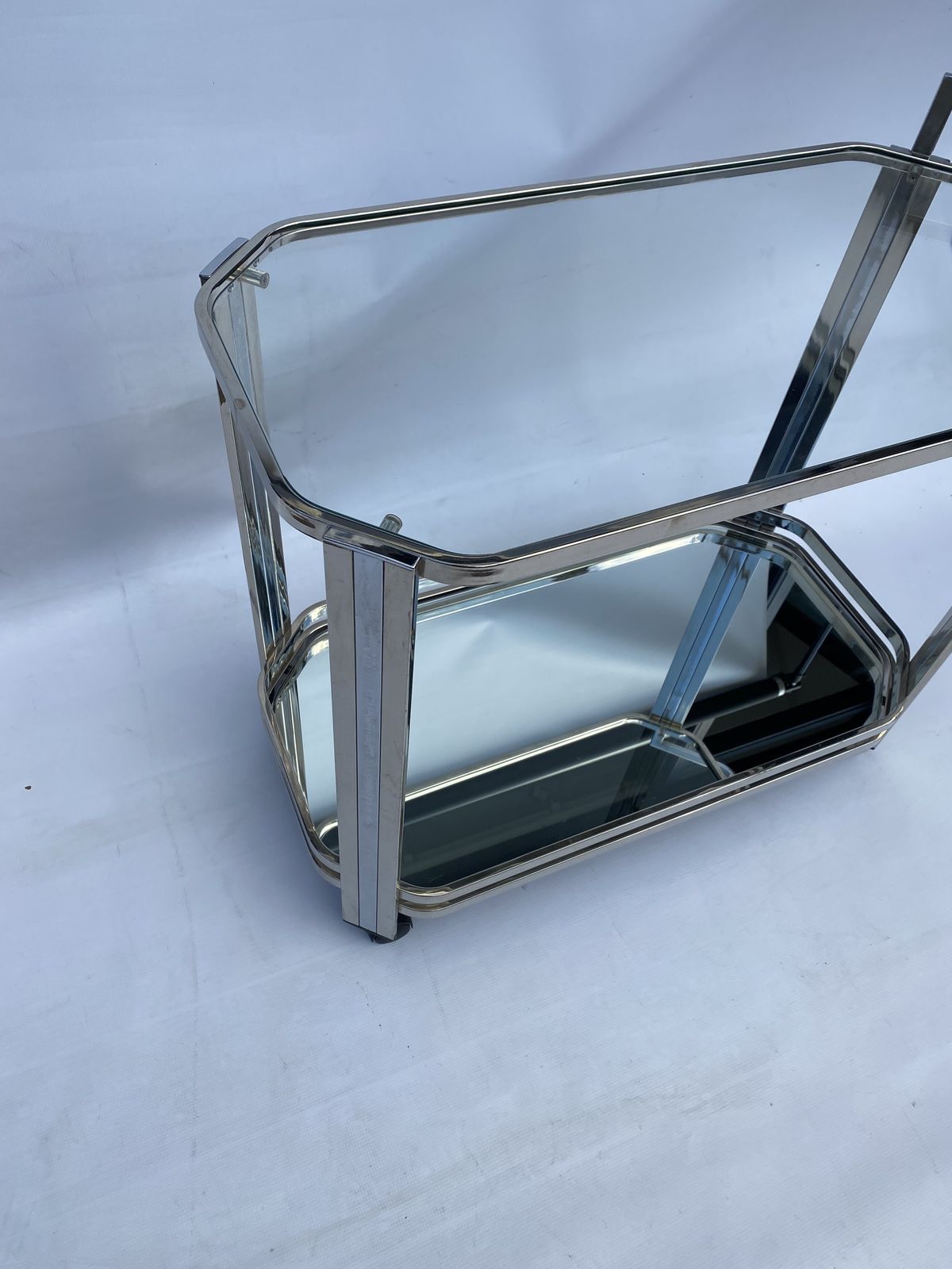 Romeo Rega Chrome Bar Cart Drinks Trolley Table Glass Hollywood Regency 1970s photo for sale
