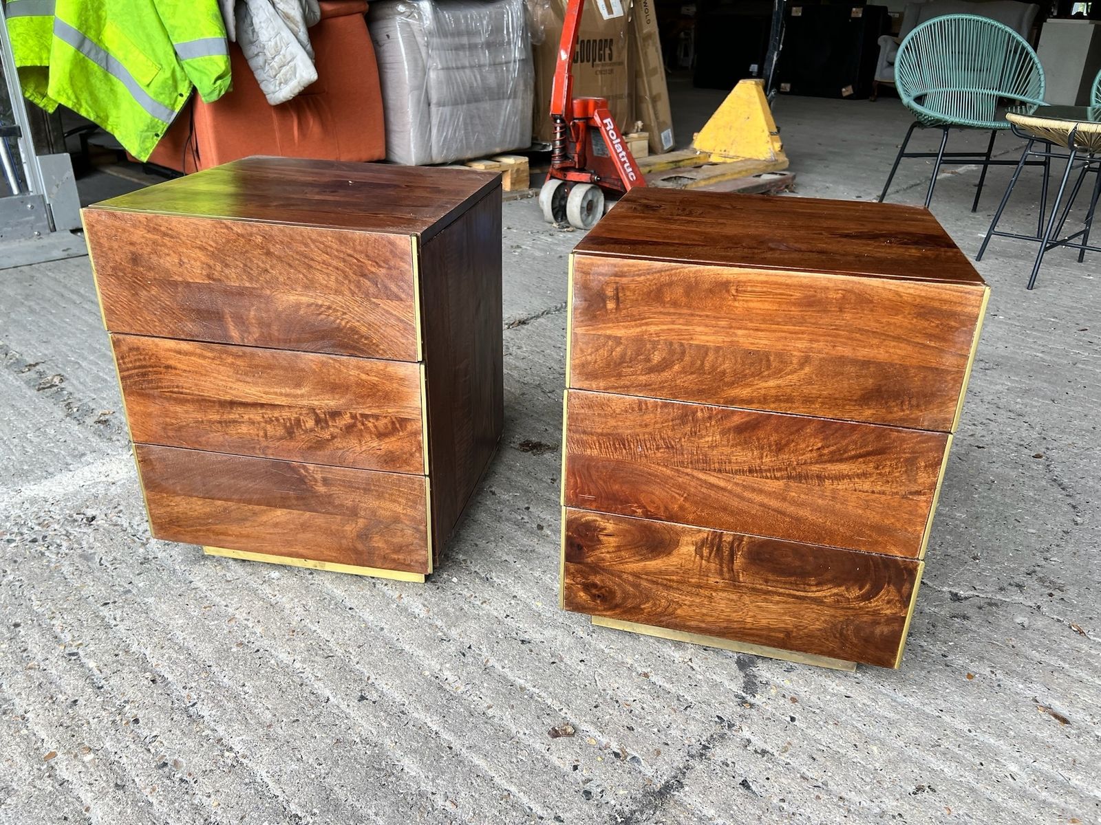 Pair Of Swoon Editions Mango Wood Bedside Tables – 3 Drawer Nightstands With Gold Detailing photo furniture