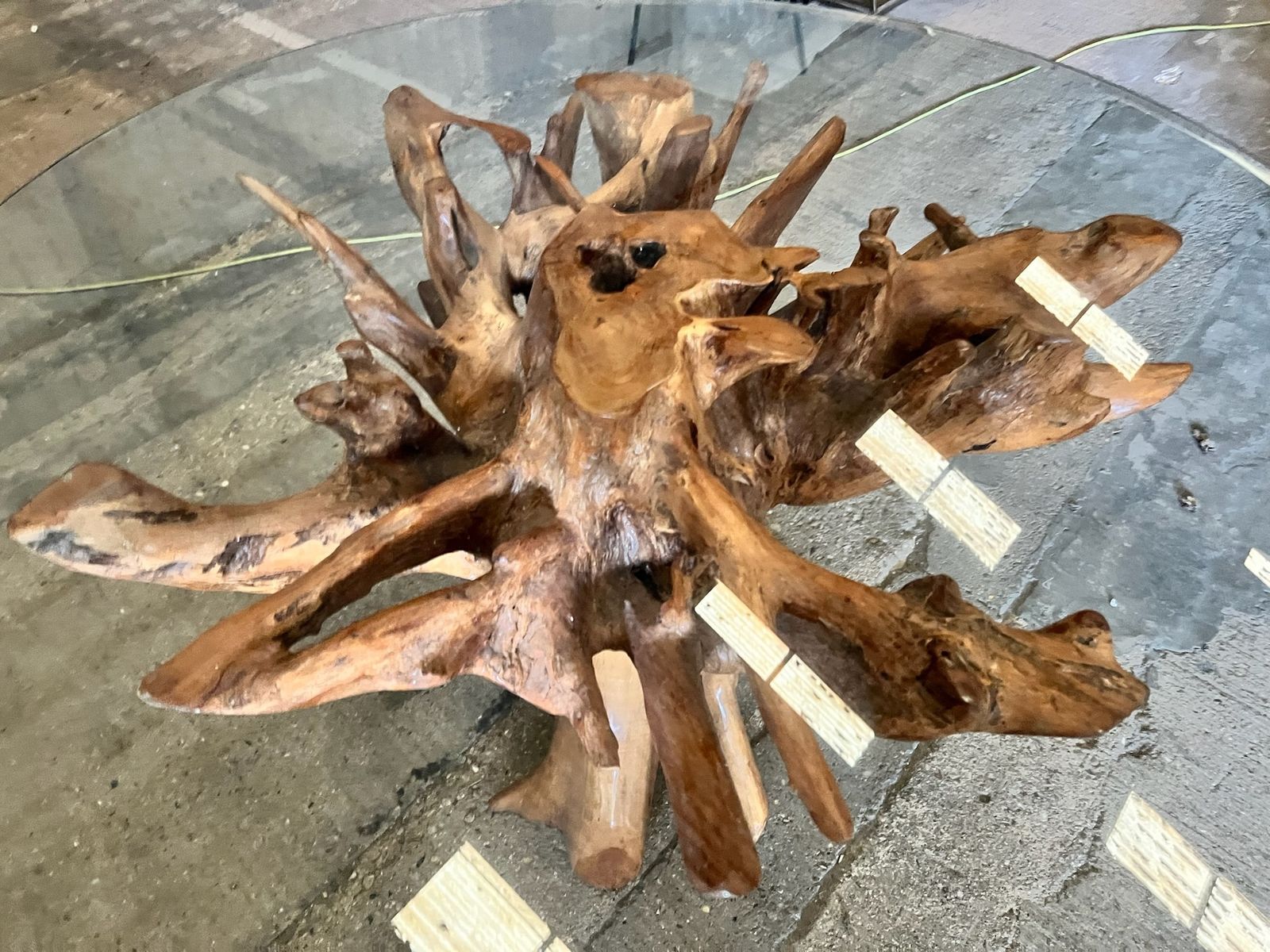 Teak Root Dining Table – 6 Seater With Glass Top (140cm Round) Rustic Natural Wood
