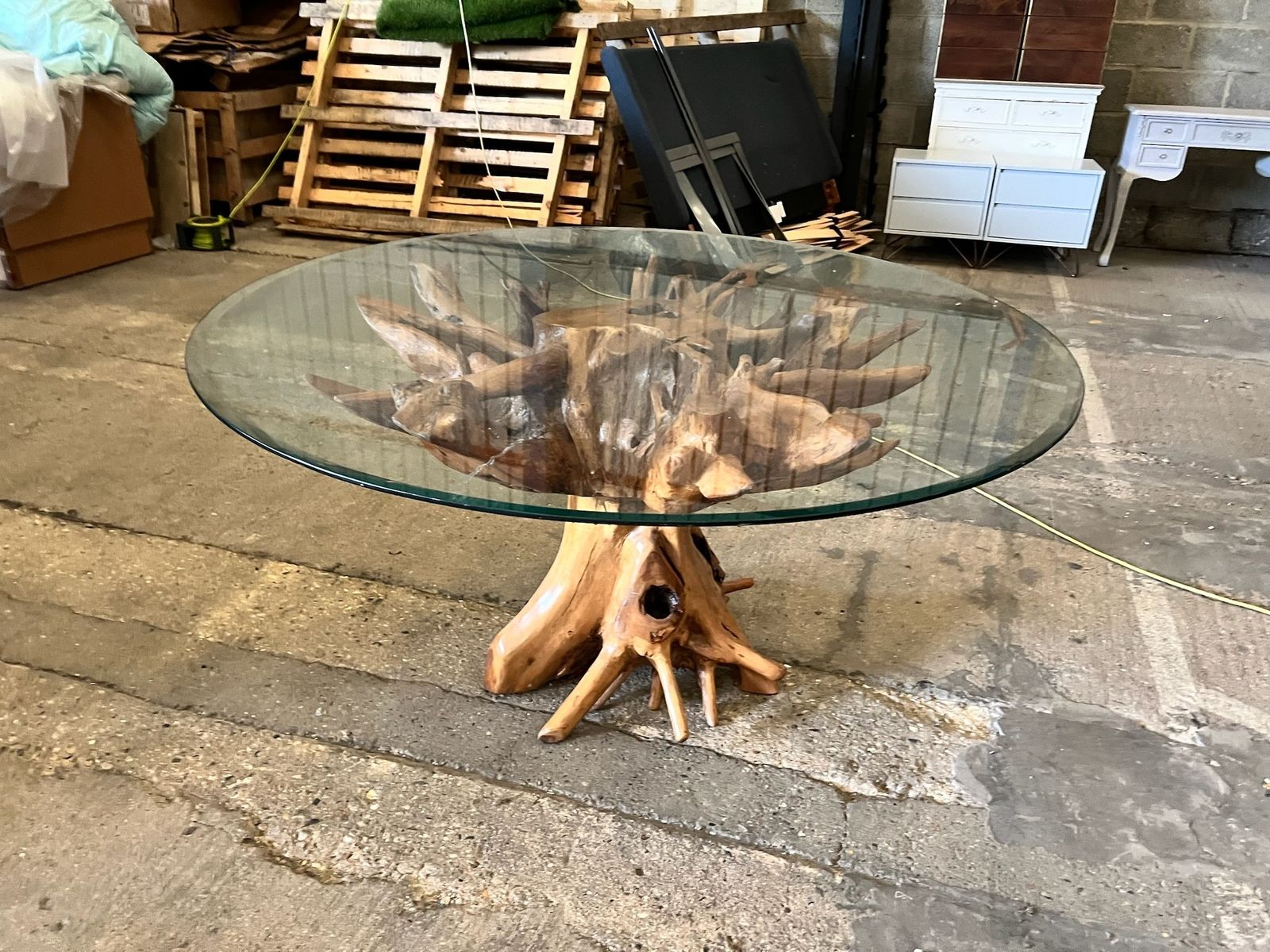 Teak Root Dining Table – 6 Seater With Glass Top (140cm Round) Rustic Natural Wood photo Furniture