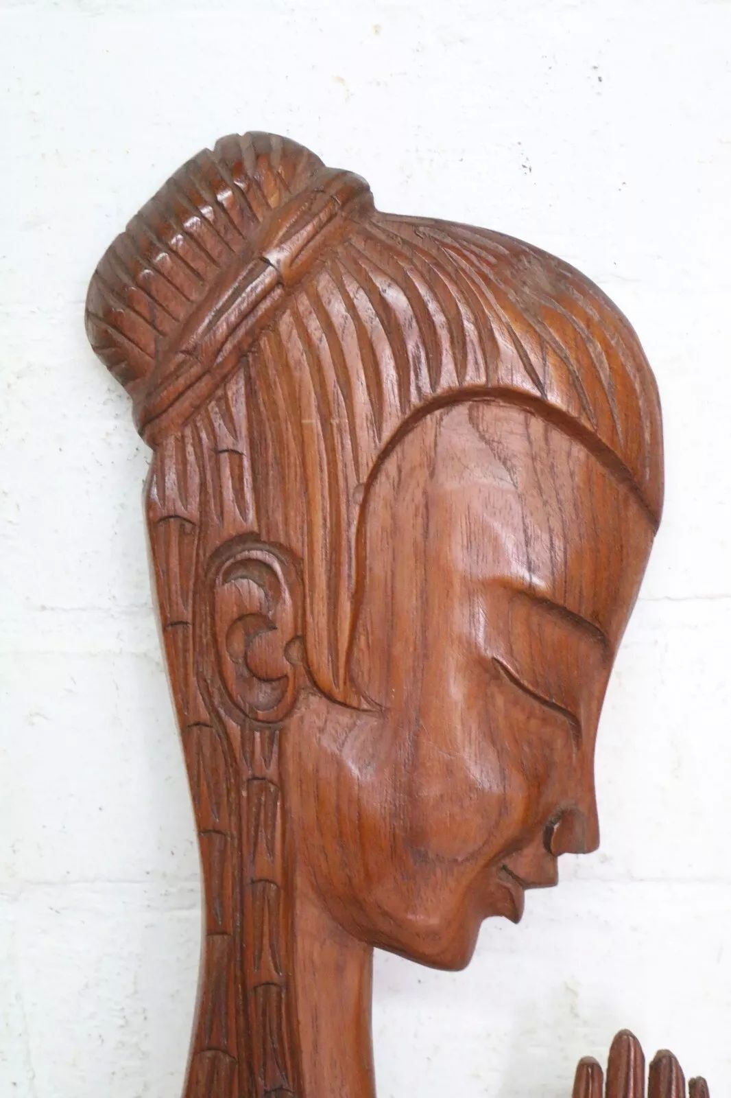 Pair Mid Century Retro Tretchikoff Era Carved Matching Wall Plaques Boy & Girl photo furniture