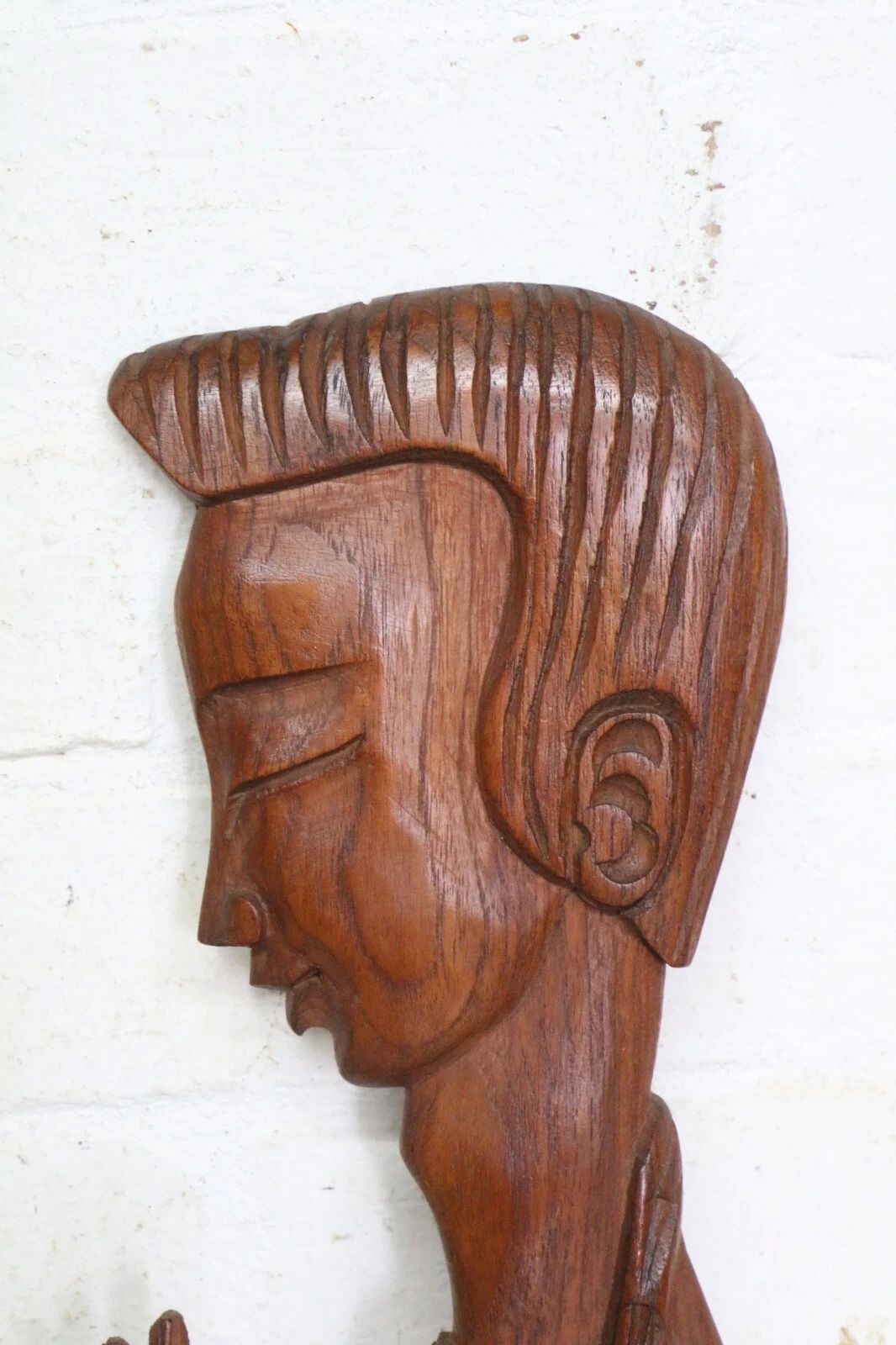 Pair Mid Century Retro Tretchikoff Era Carved Matching Wall Plaques Boy & Girl photo Home Decor