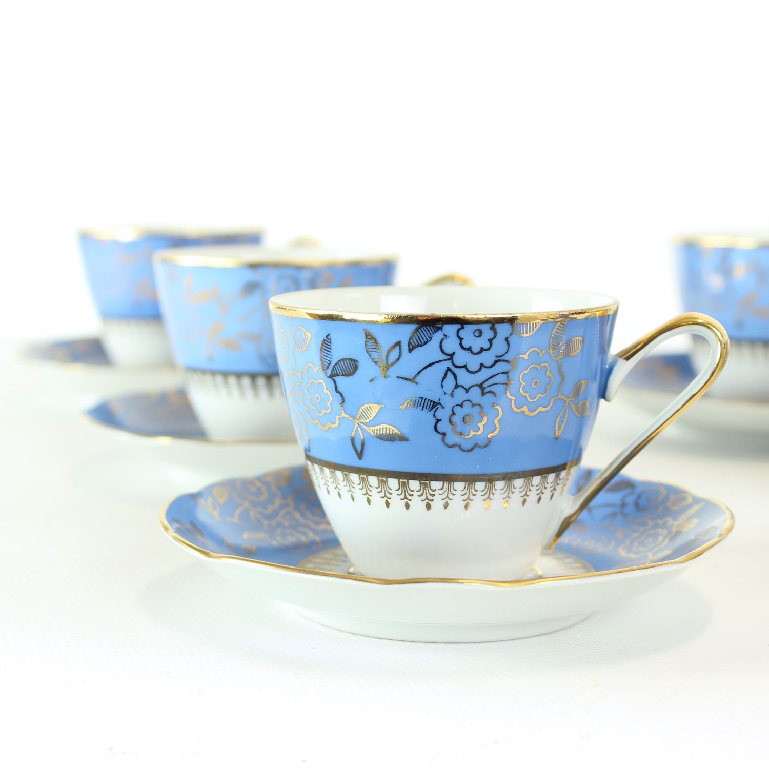 Vintage Blue & Gold Porcelain Tea Set By Stará Role, Czechoslovakia, 1950s photo for sale