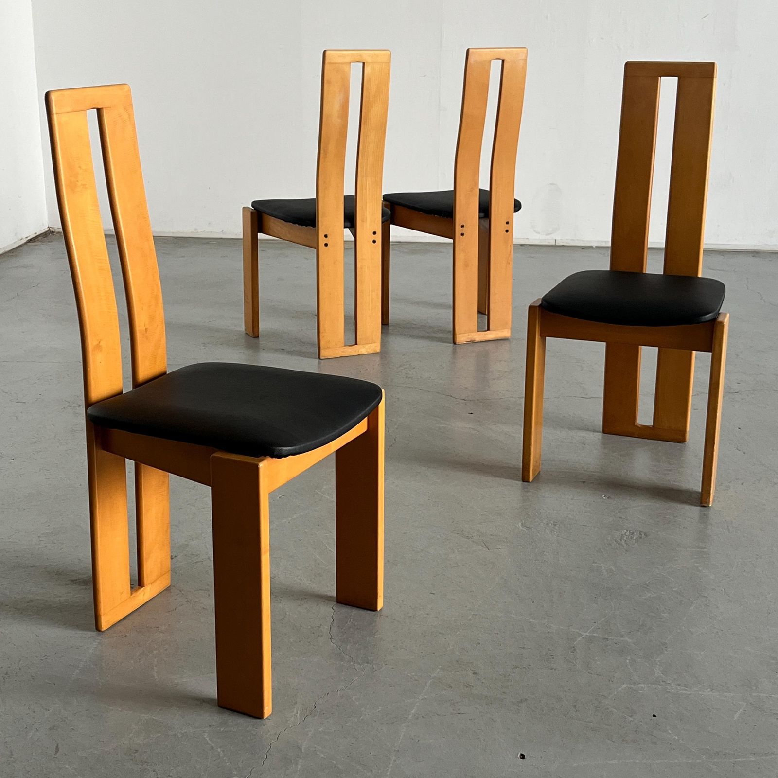 Set Of Four High Back Dining Chairs In Beechwood And Black Faux Leather In Style Of Pietro Constantini, 1970s Italy photo furniture