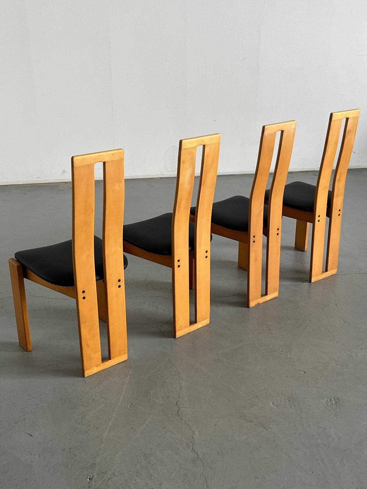 Set Of Four High Back Dining Chairs In Beechwood And Black Faux Leather In Style Of Pietro Constantini, 1970s Italy photo 1093.0