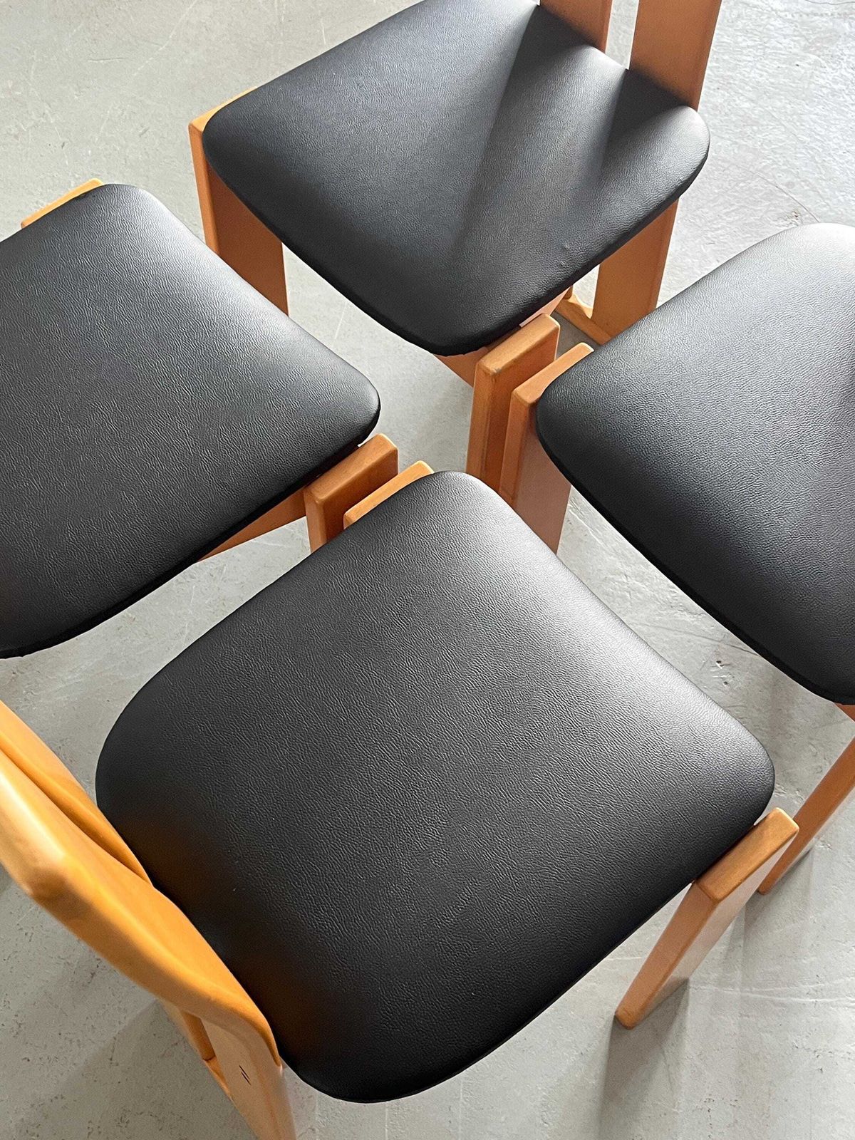 photo furniture Set Of Four High Back Dining Chairs In Beechwood And Black Faux Leather In Style Of Pietro Constantini, 1970s Italy