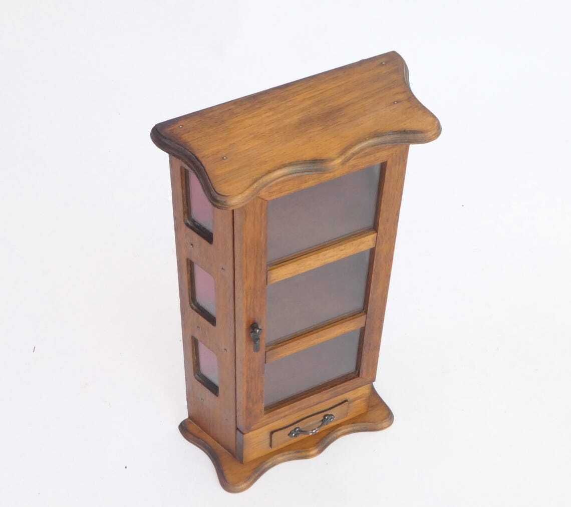 Small Wooden Curio Cabinet With Red Fabric Background, Standing Display Cabinet Trinket Cabinet photo 109.0