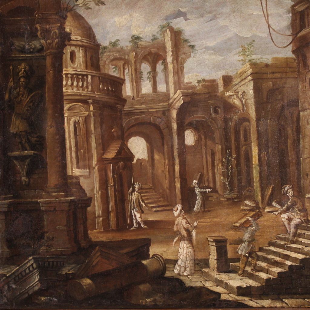 Antique Italian Painting From The 18th Century, Architectural Capriccio With Figures photo for sale
