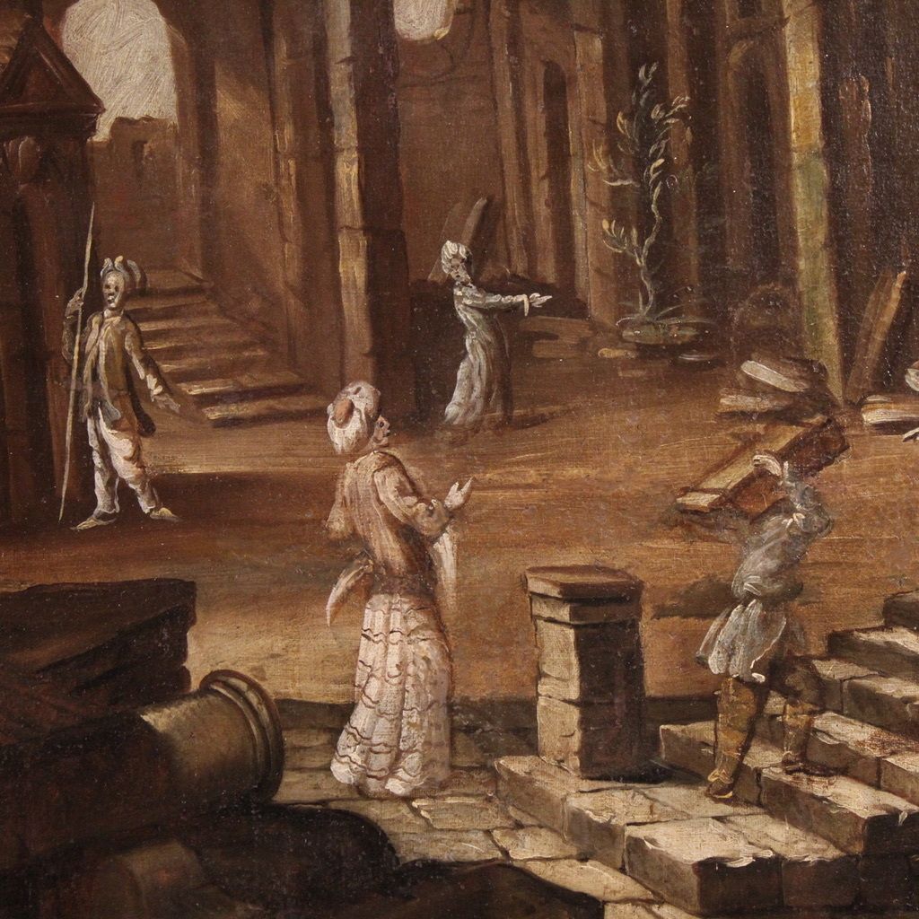 photo vinterior Antique Italian Painting From The 18th Century, Architectural Capriccio With Figures
