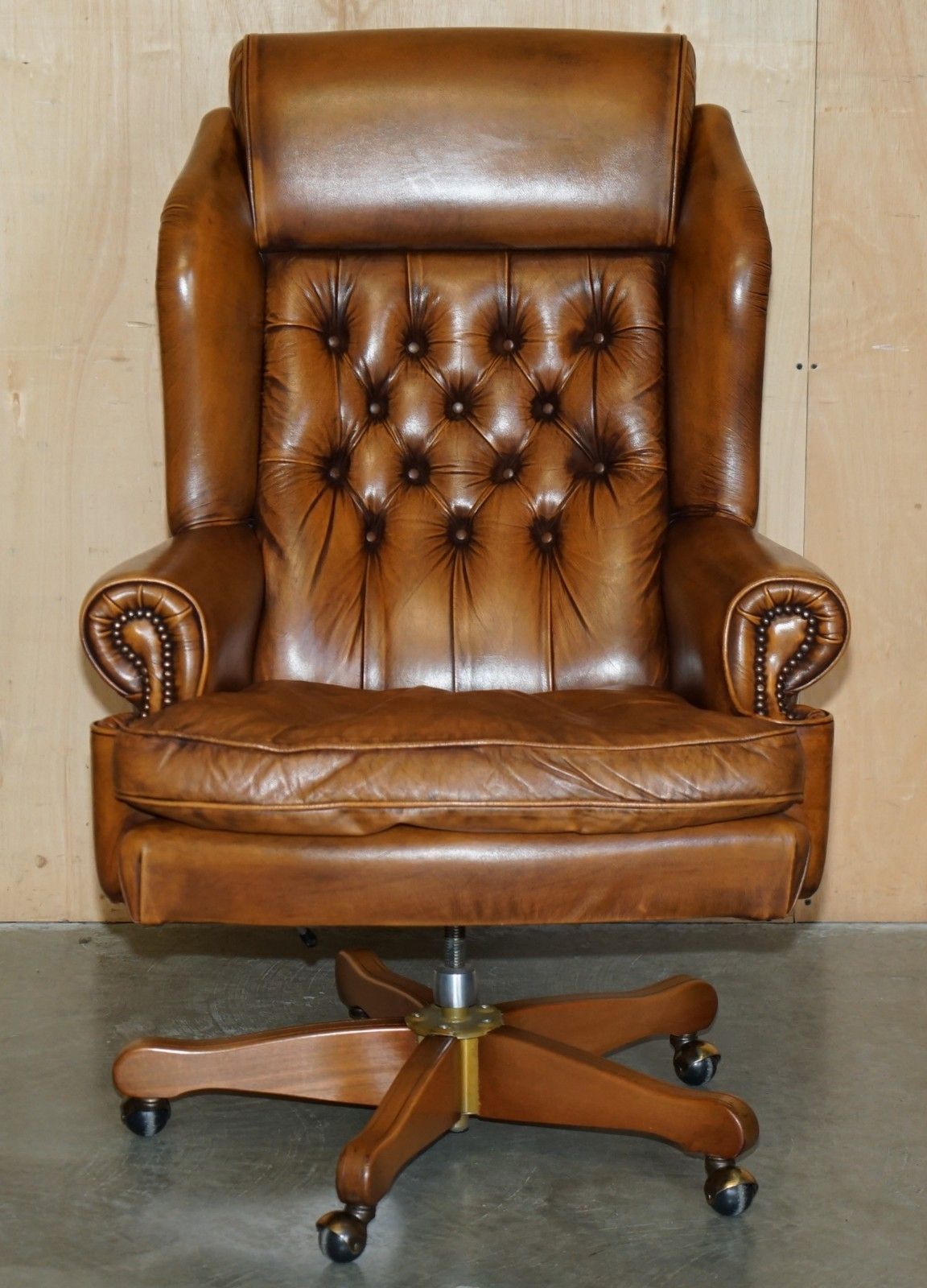Lovely Vintage Brown Leather Chesterfield Tufted Wingback Captains Armchair photo for sale