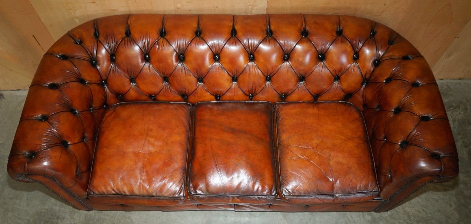 1930's Hand Dyed Restored Whiskey Brown Leather Chesterfield Tufted Club Sofa photo vinterior