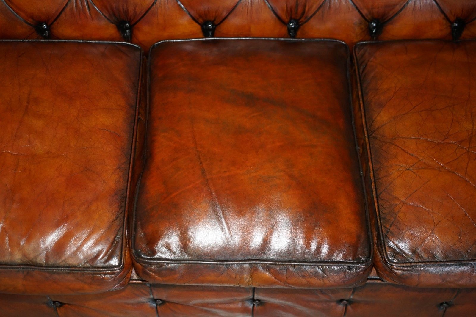 Furniture 1930's Hand Dyed Restored Whiskey Brown Leather Chesterfield Tufted Club Sofa photo