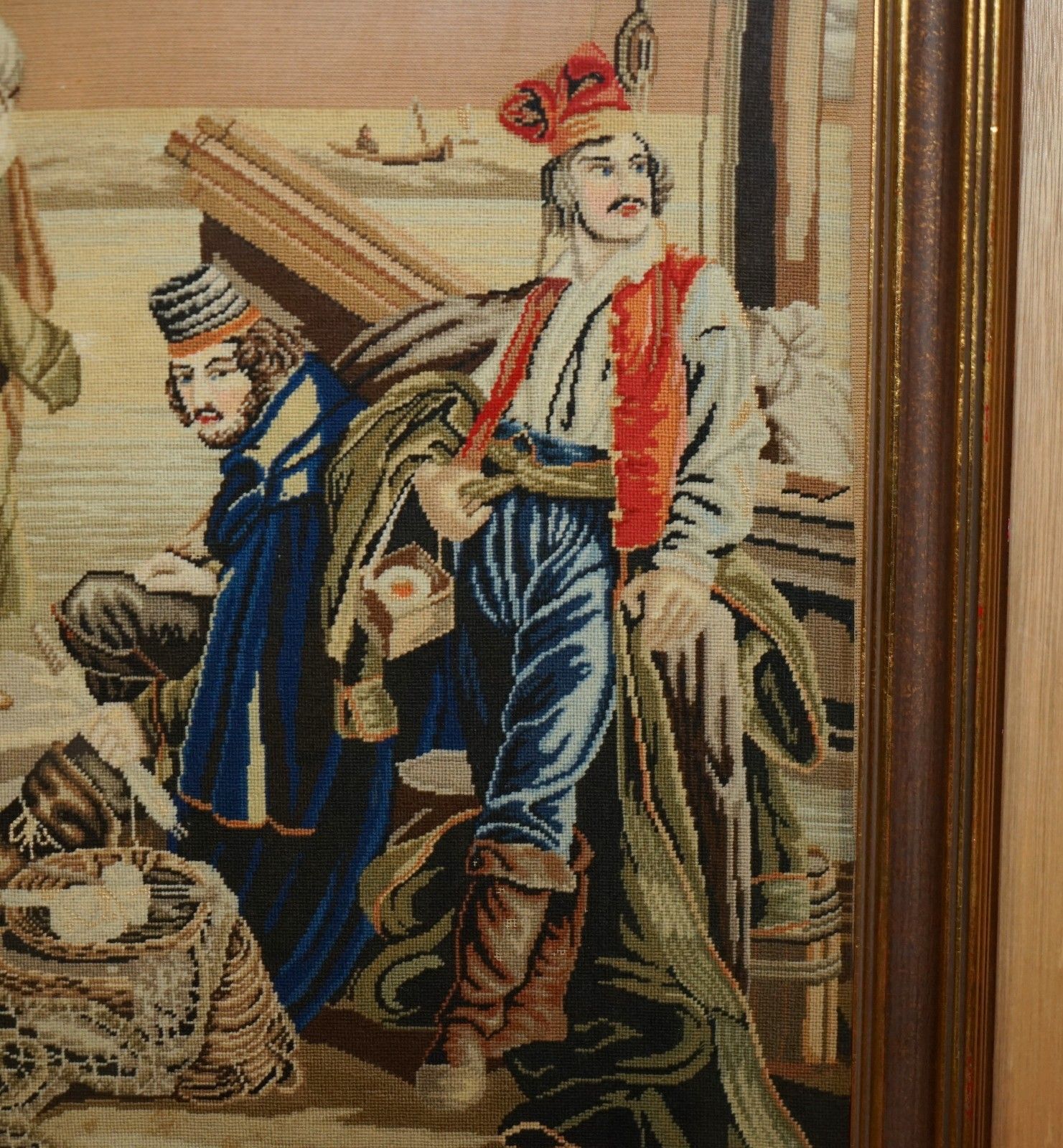 Antique French 19th Century Needlework Embroidery Tapestry Picture Of Sailors photo Art
