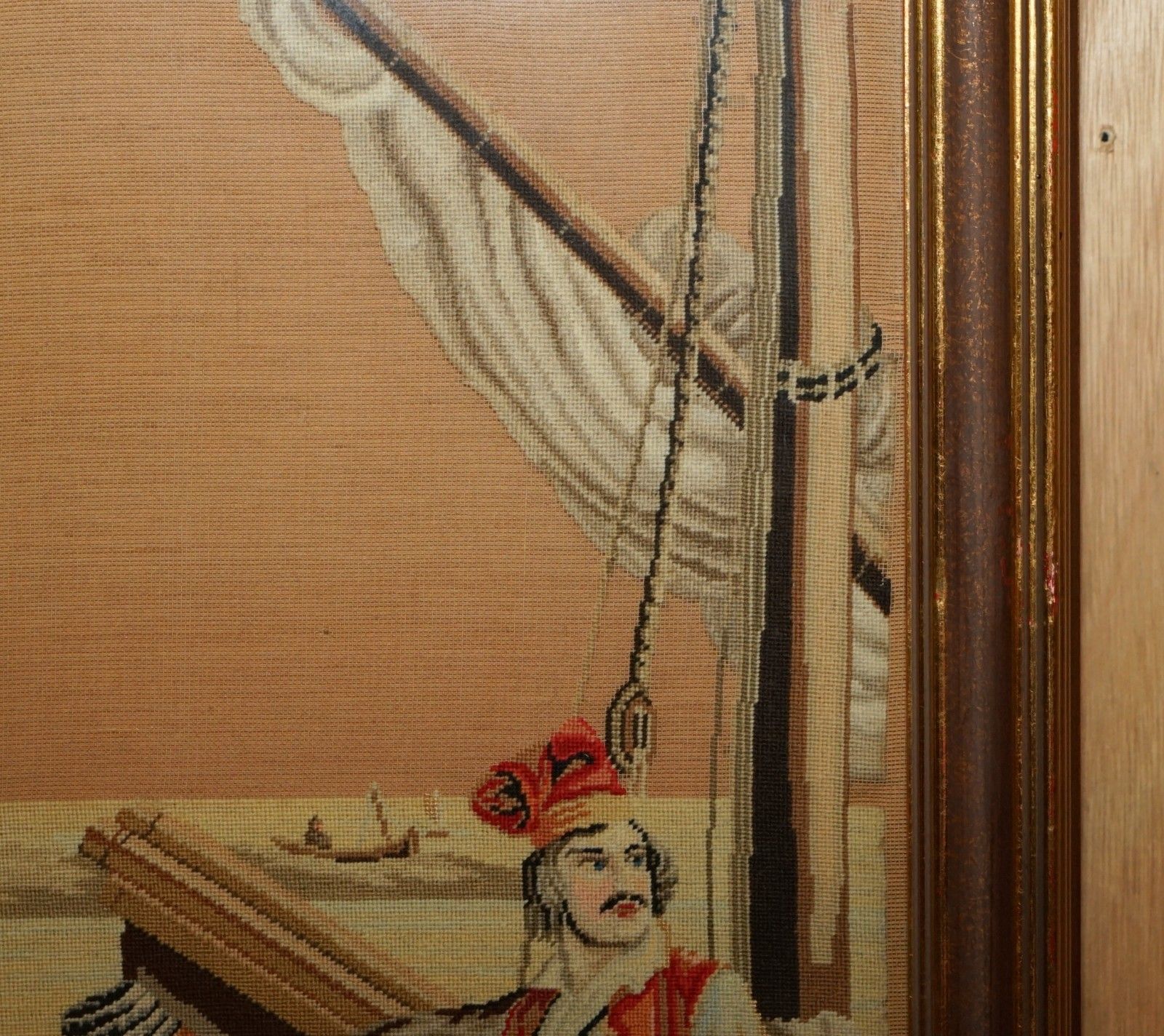 Art Antique French 19th Century Needlework Embroidery Tapestry Picture Of Sailors photo