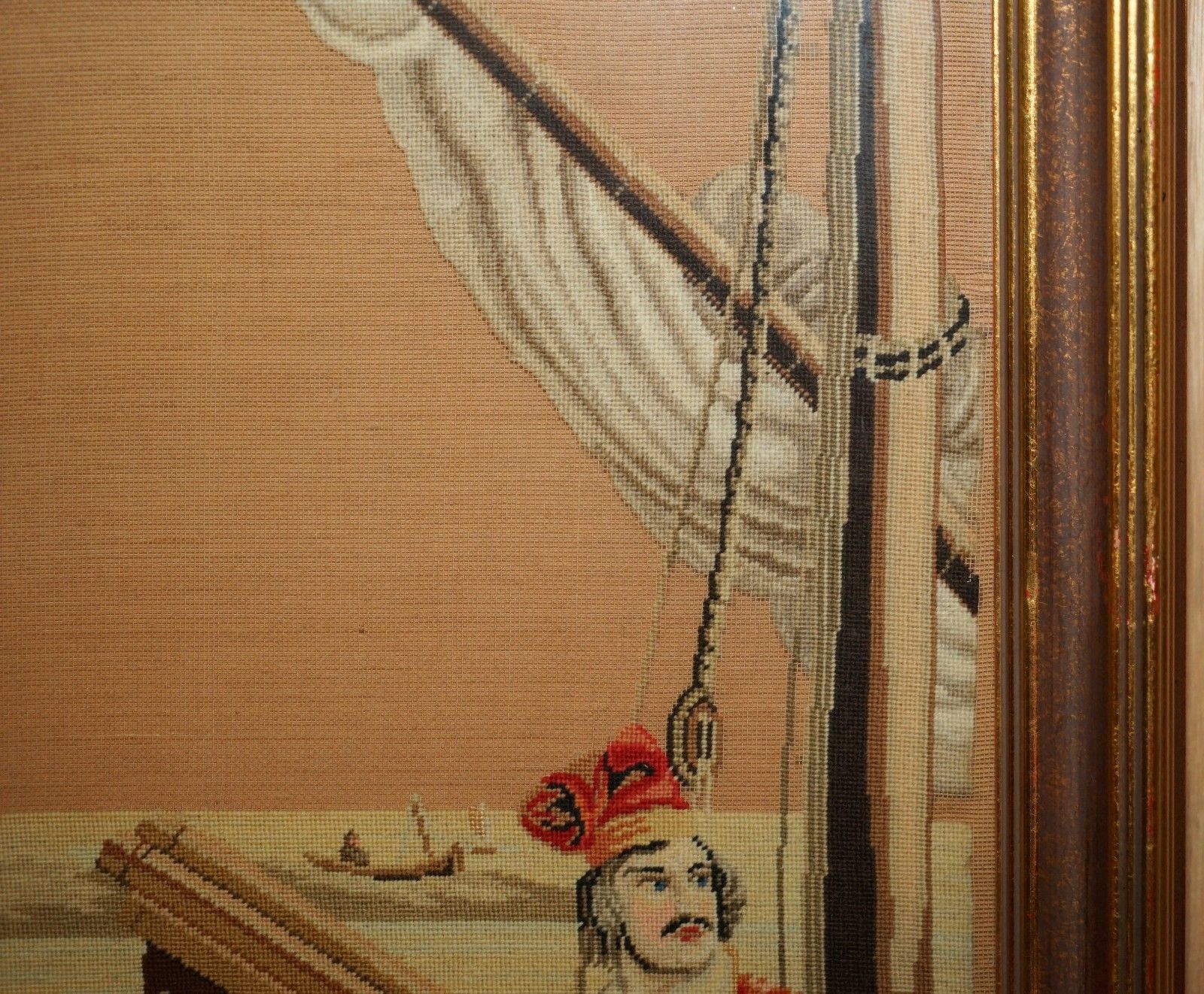 495.0 Antique French 19th Century Needlework Embroidery Tapestry Picture Of Sailors photo