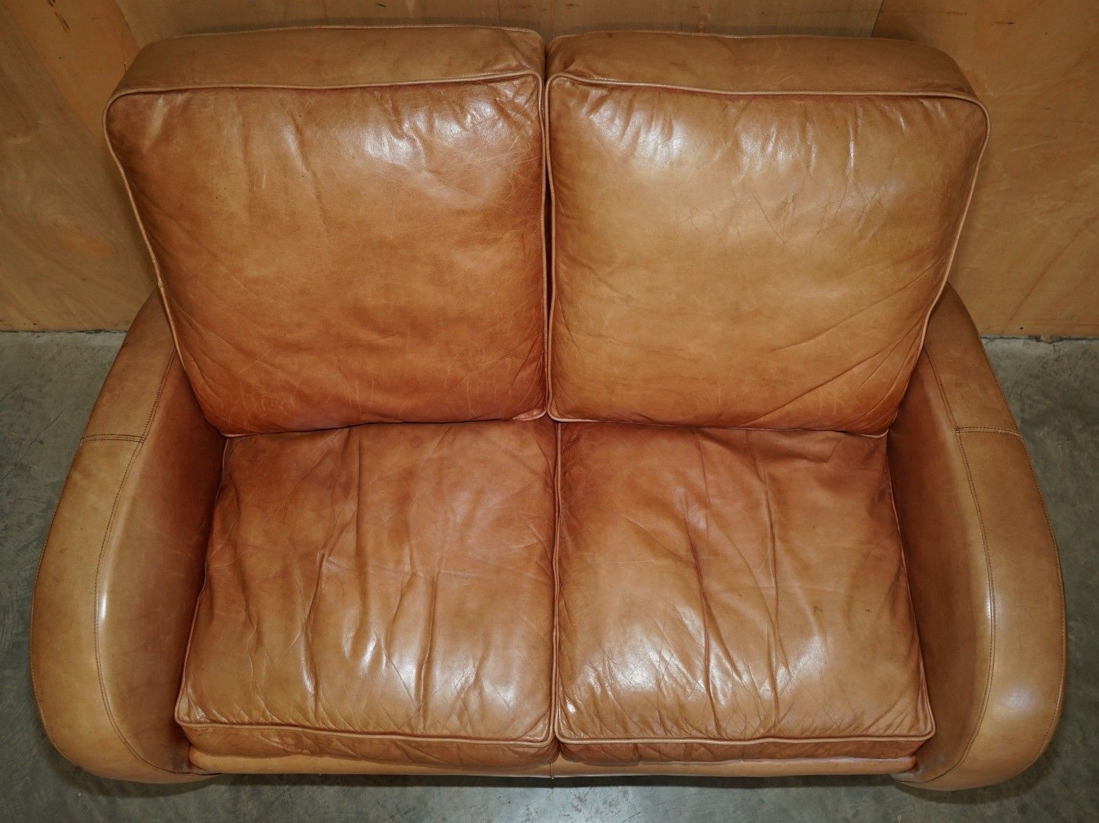 Brights Of Nettlebed Brown Leather Art Deco Sofa & Pair Of Armchairs Suite photo vintage