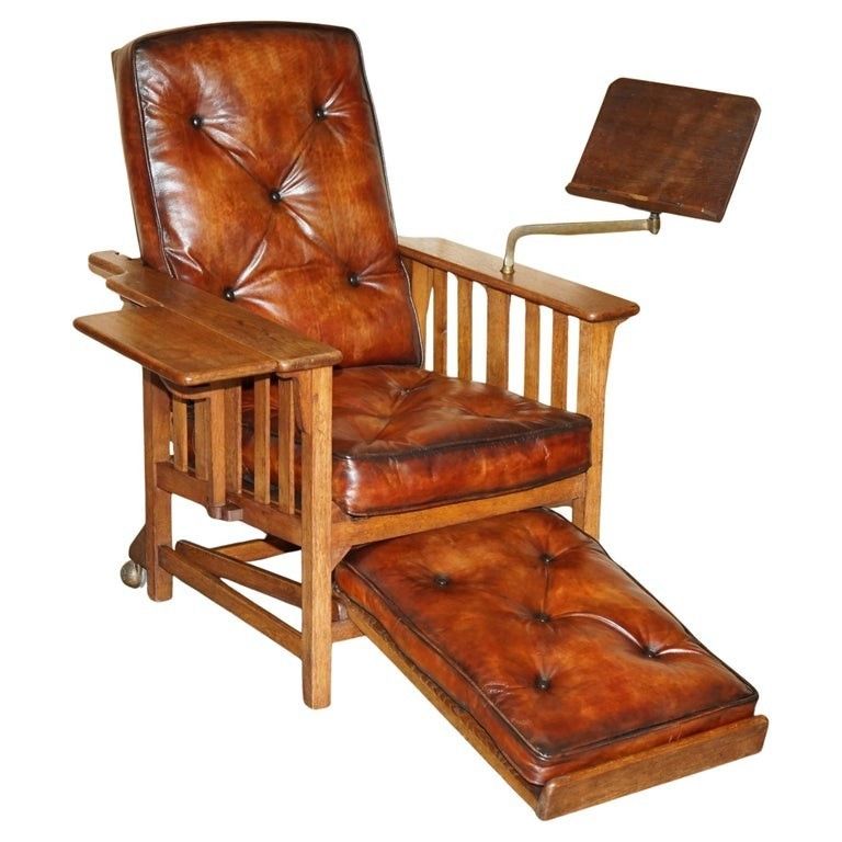 Antique Art Deco Chesterfield Brown Leather Reclining Armchair Writing Slope