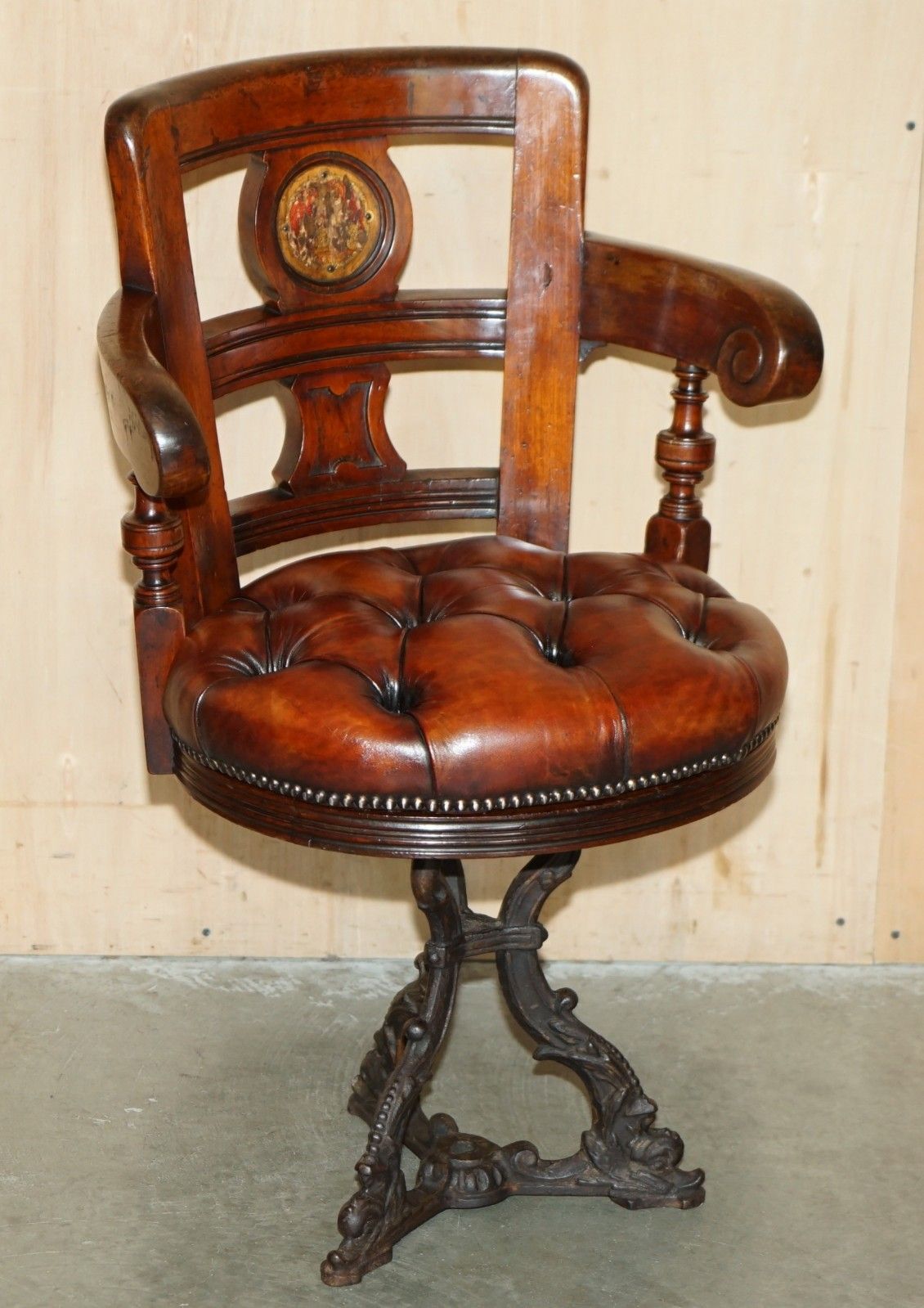 Antique Victorian Restored Brown Leather Chesterfield Tufted Captains Chair photo furniture