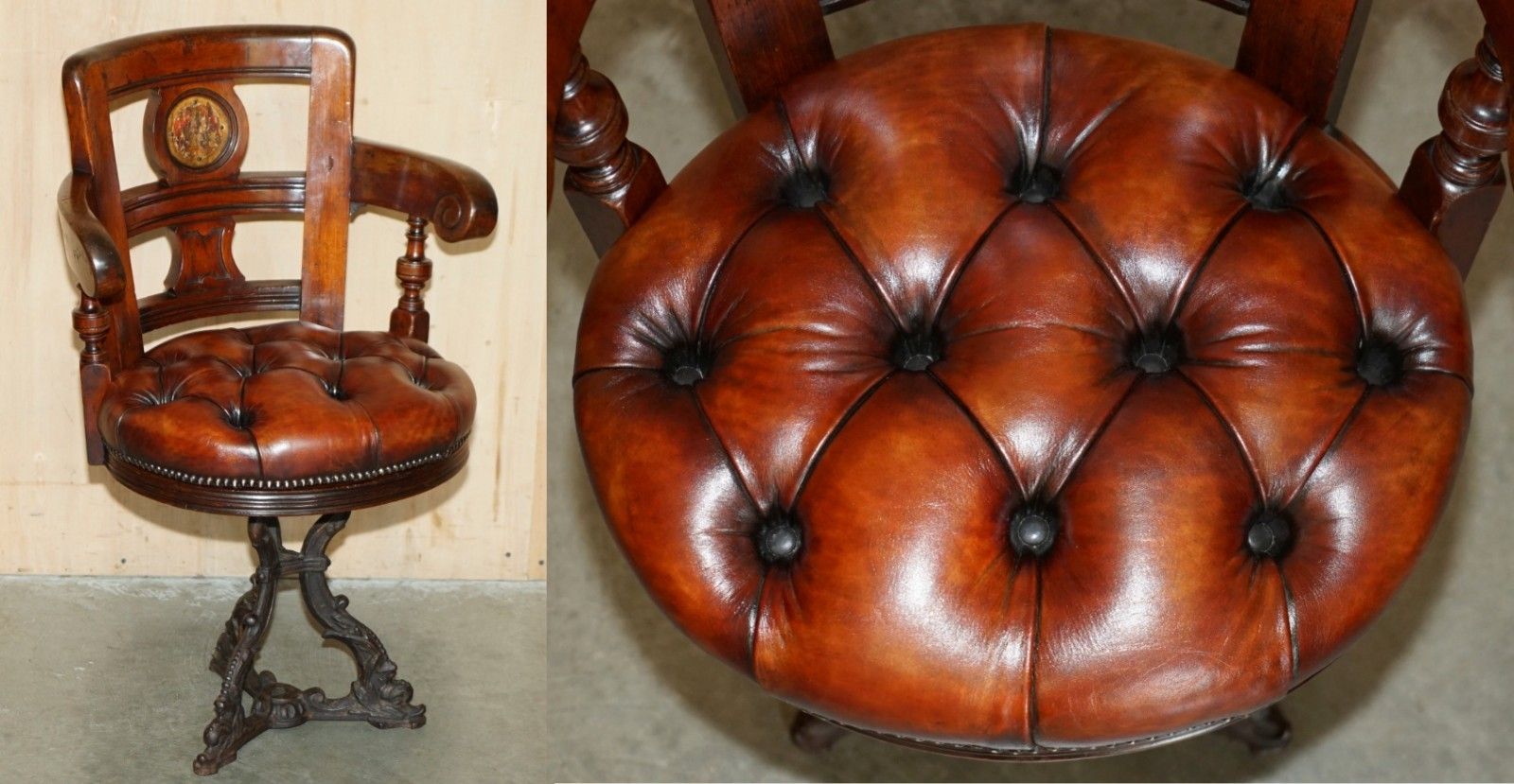 photo for sale Antique Victorian Restored Brown Leather Chesterfield Tufted Captains Chair