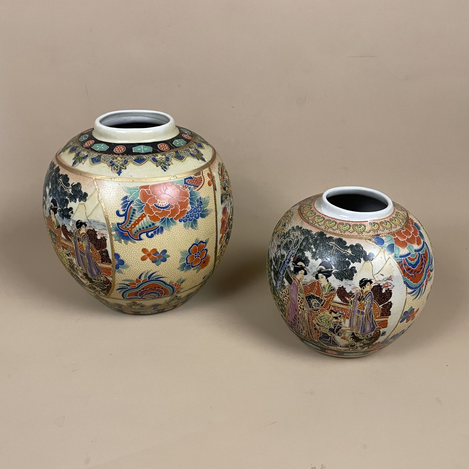 Set Of Two Pots Hand Painted Floral Motif Geisha Chinese Oriental Ceramic Vases Decorative Set Mantle Ends Yellow Home Decor