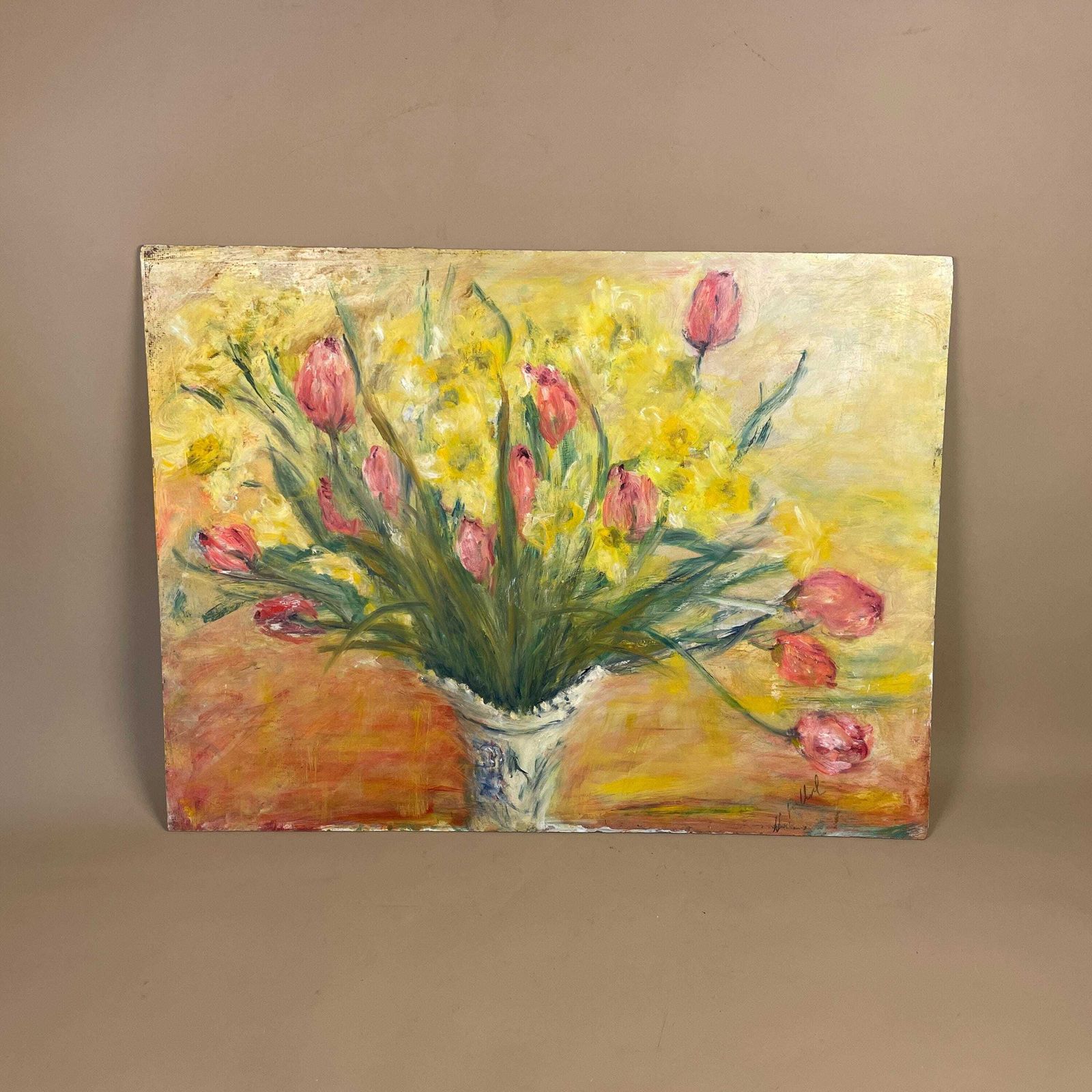 Antique Floral Oil Painting Picture Vintage Flowers Painted Art Original Oils Oil Rectangle Landscape Bunch Pot Vase Yellow 46x61cm photo furniture