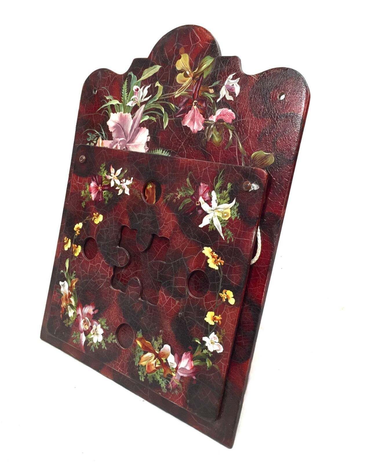 Antique Victorian Papier Mache Hand Painted Wall Hanging Floral Letter Rack photo furniture