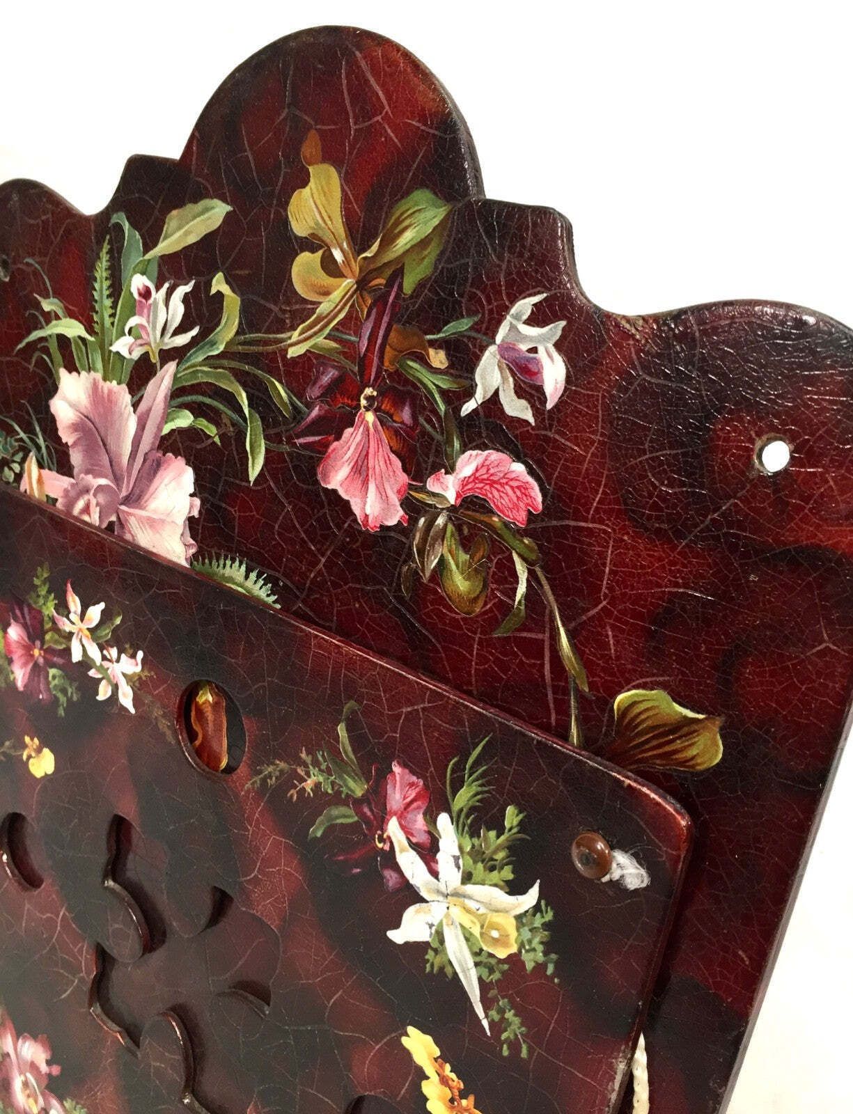 Antique Victorian Papier Mache Hand Painted Wall Hanging Floral Letter Rack photo for sale