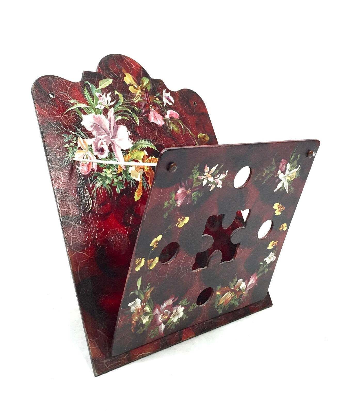 Antique Victorian Papier Mache Hand Painted Wall Hanging Floral Letter Rack photo vinterior