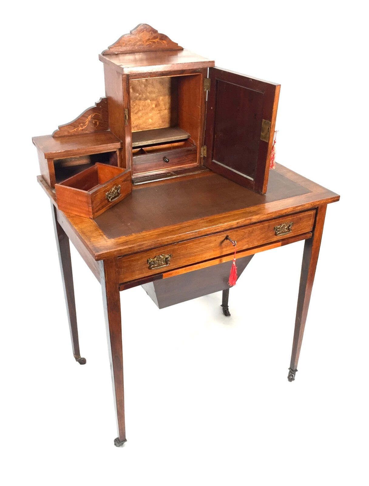 Furniture Victorian 19th Century Wooden Ladies Desk And Drawers With Leather And Key C.1890 photo