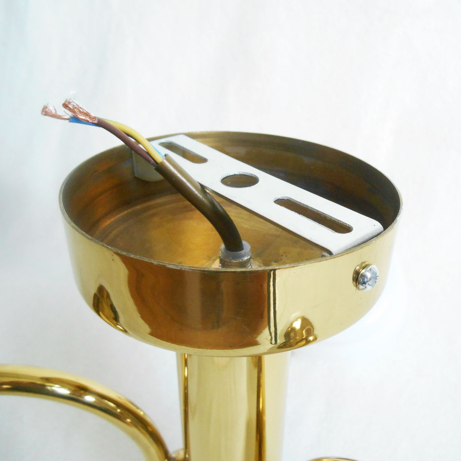 A Mid Century Modern Three Armed Brass Chandelier With Frosted Glass Shades photo for sale
