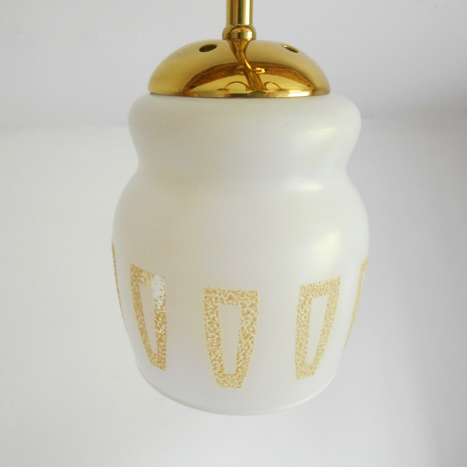 photo vintage A Mid Century Modern Three Armed Brass Chandelier With Frosted Glass Shades