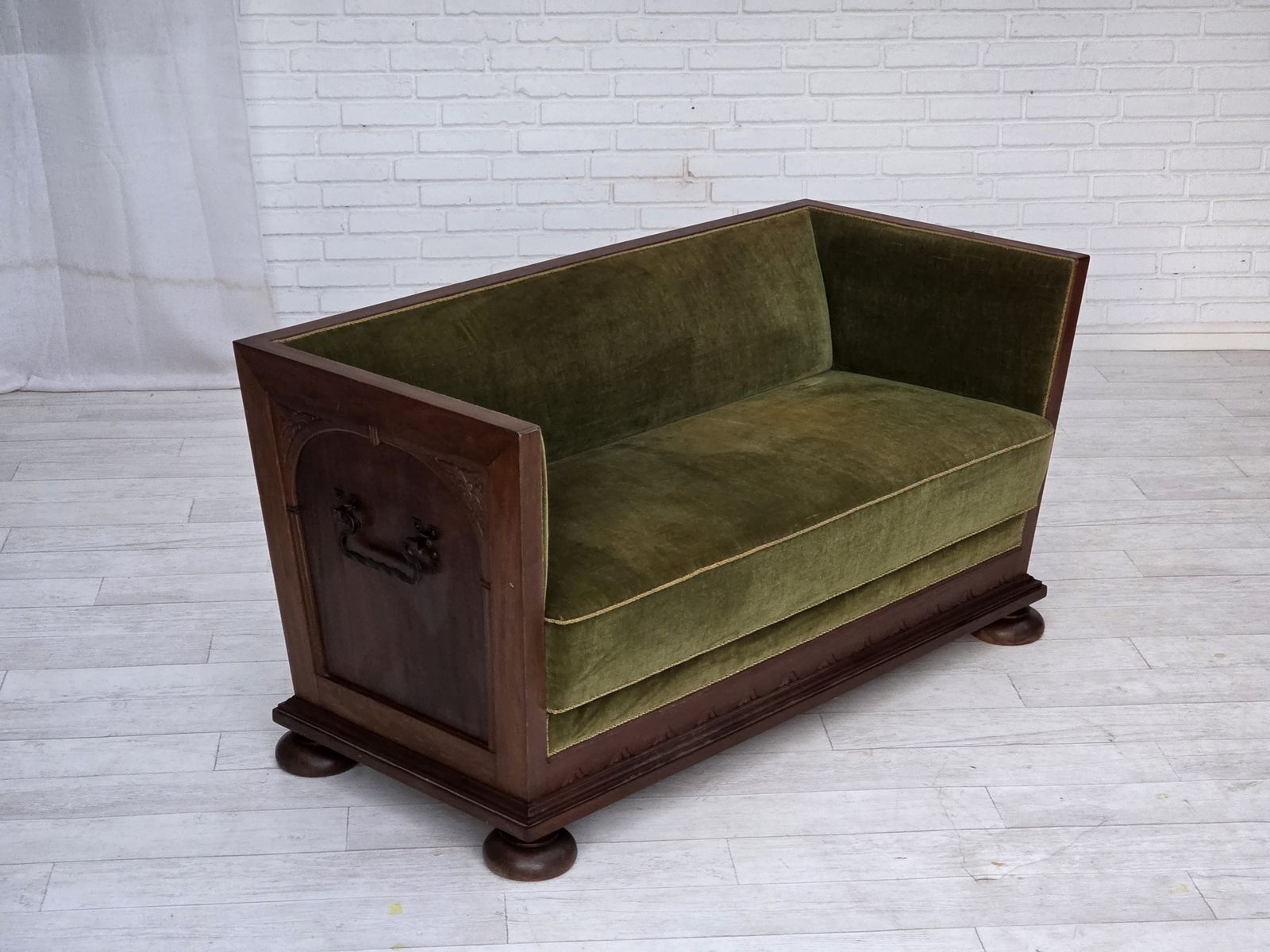 photo furniture 1950s, Danish 2 Seater Sofa, Original Green Furniture Velour, Oak Wood.