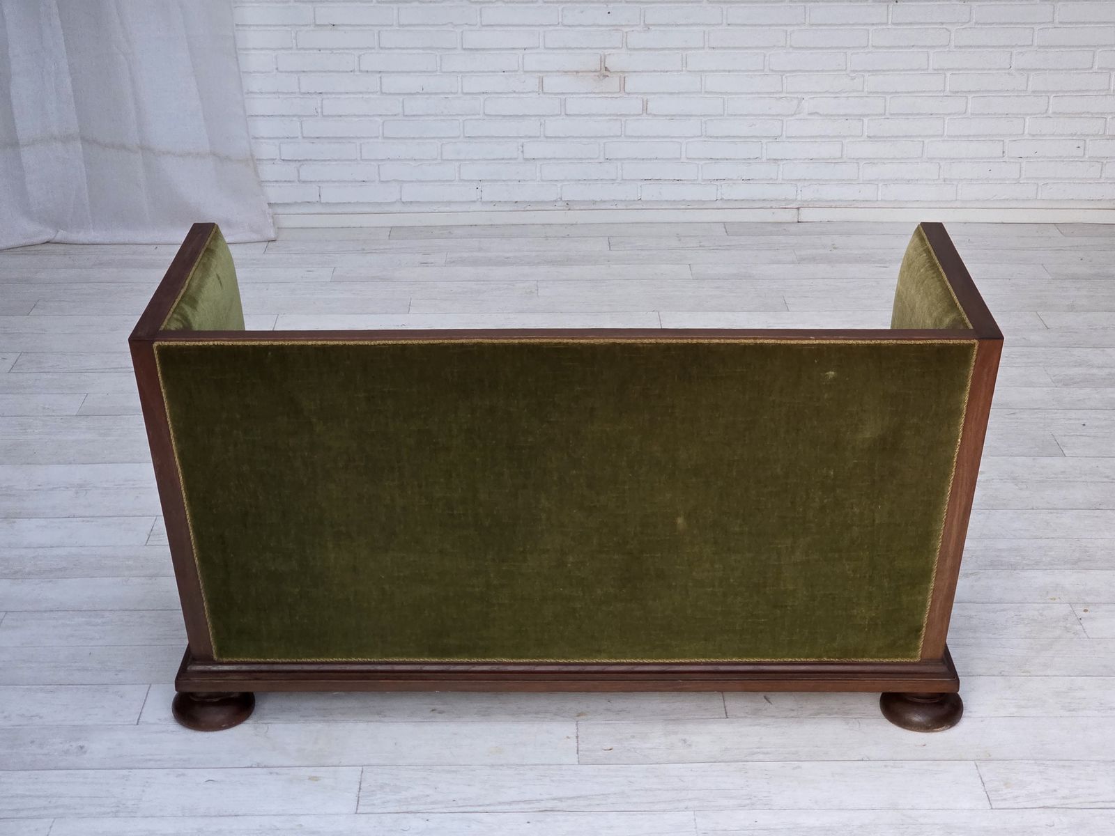 Furniture 1950s, Danish 2 Seater Sofa, Original Green Furniture Velour, Oak Wood. photo