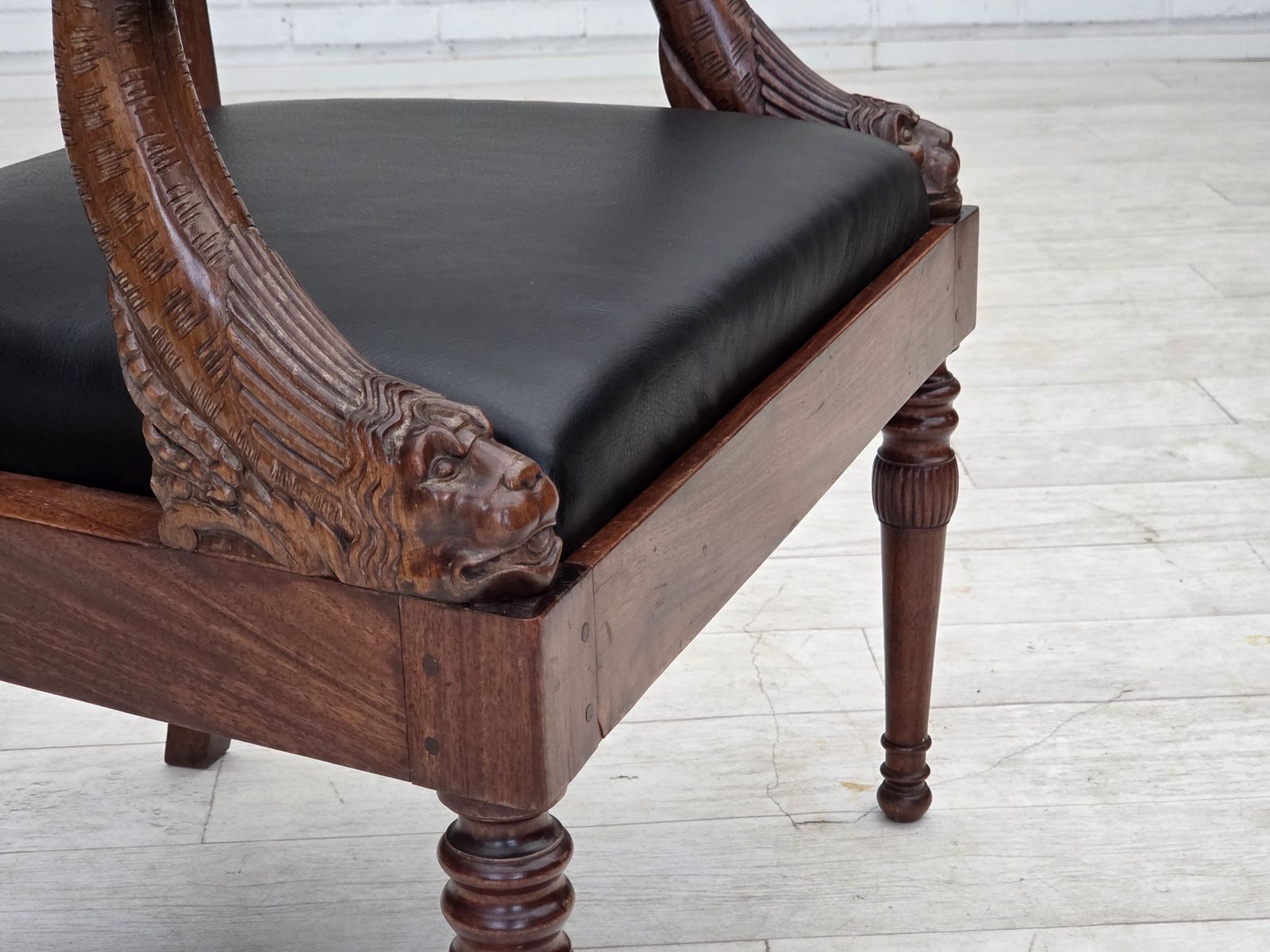 2800.0 1920 30s, Set Of 2 Armchairs, Design After Georges Jacob, Carved Teak Wood, Leather, Reupholstered. photo