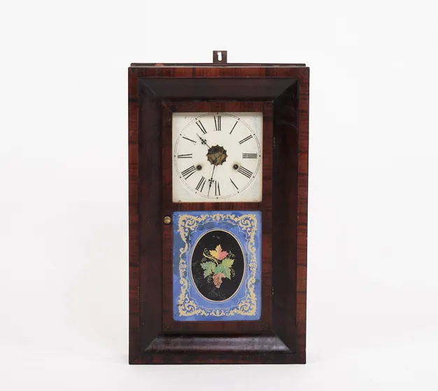 Antique American Clock   Painted Glass Window   Dark Wood   Roman Numeral Dial   19th Century