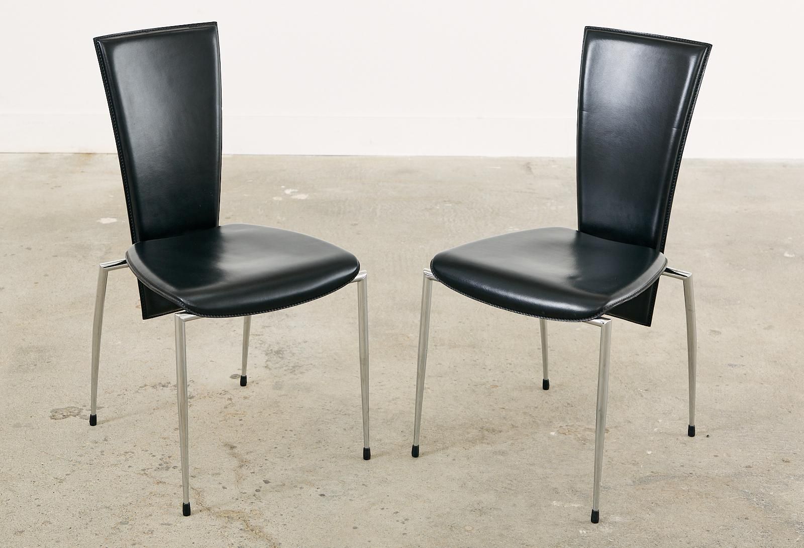 Set Of Six Italian Arper Modern Leather Chrome Dining Chairs photo vinterior