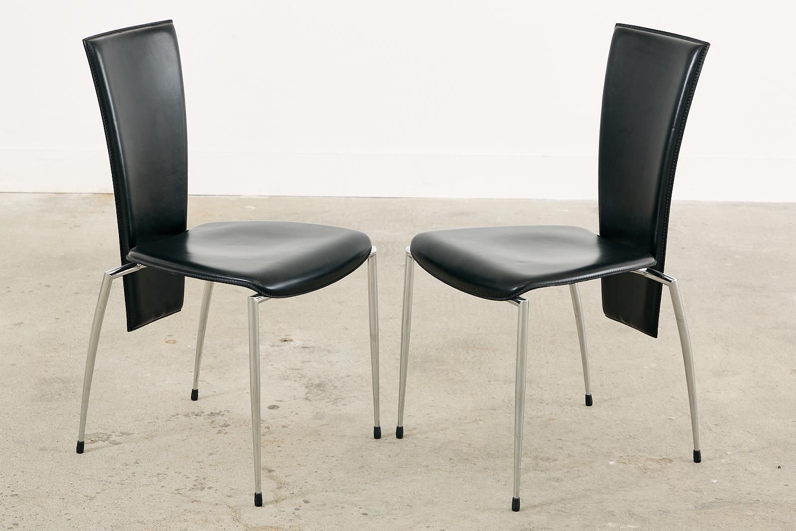 Set Of Six Italian Arper Modern Leather Chrome Dining Chairs photo vintage