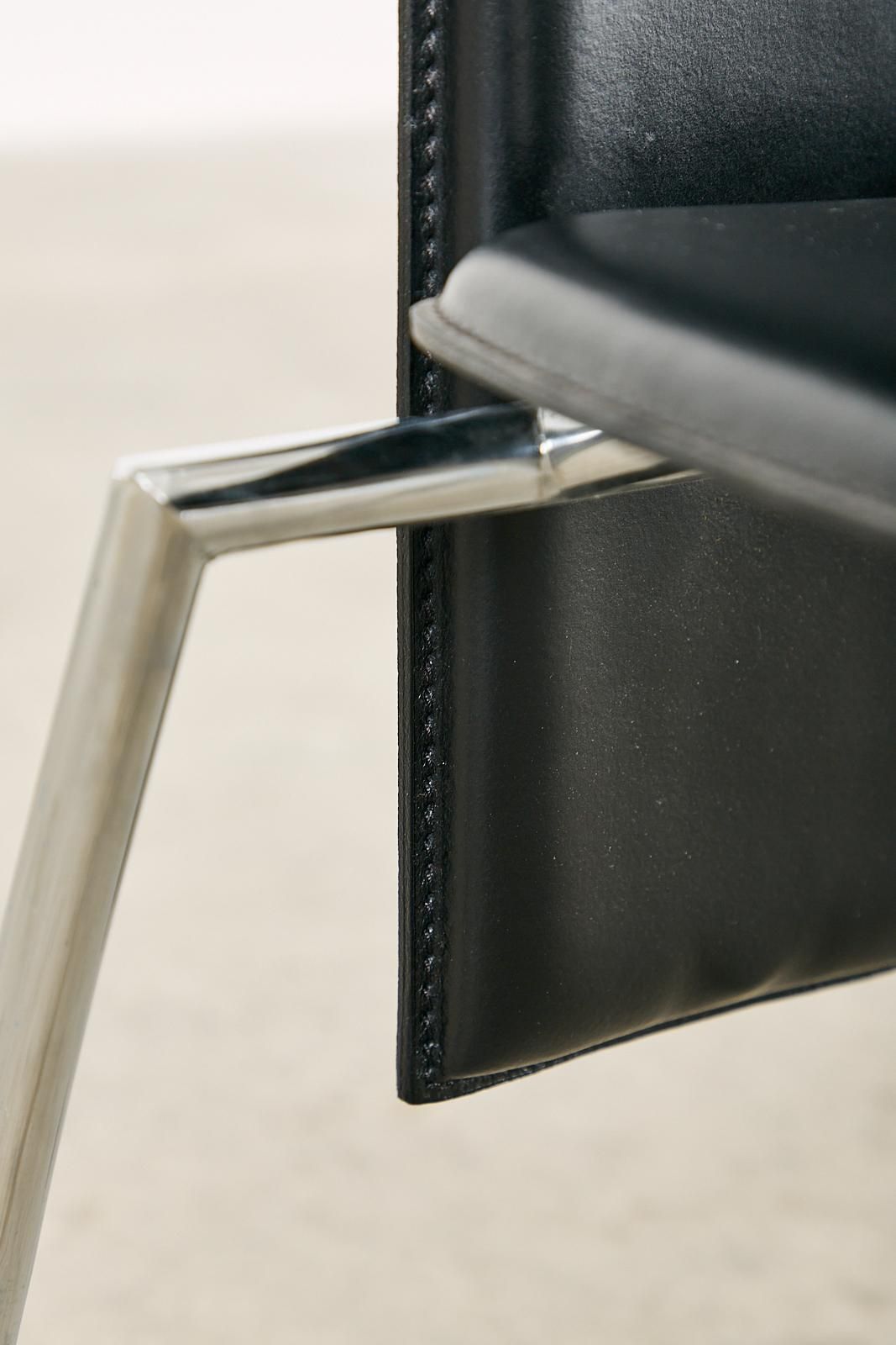 photo vinterior Set Of Six Italian Arper Modern Leather Chrome Dining Chairs