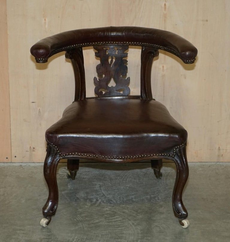 Fine Antique 1830 William IV Cockfighting Brown Leather Chair Original Castors photo furniture