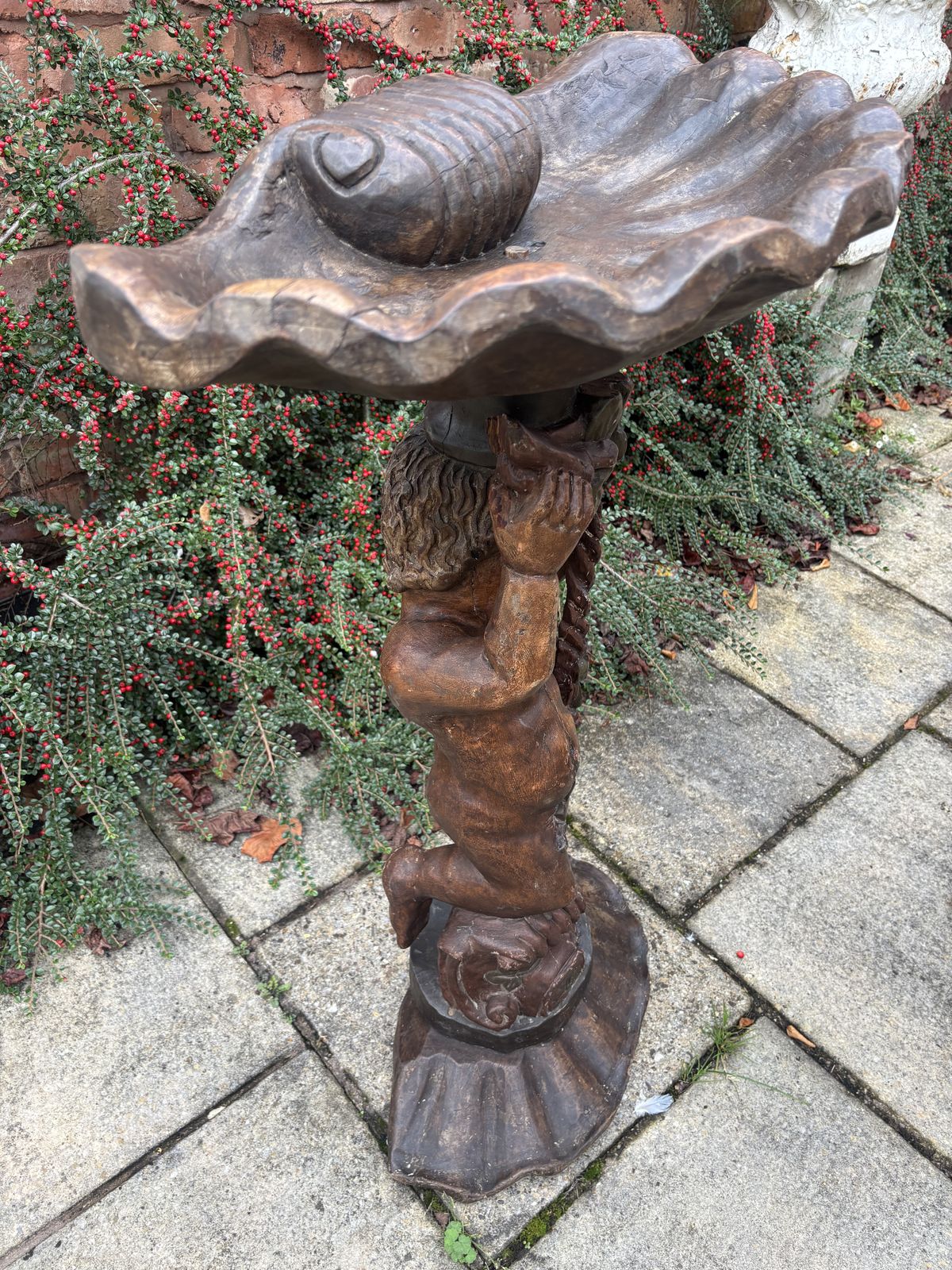 Carved Wooden Cornucpoia Cherub With Shell Traytop photo vintage