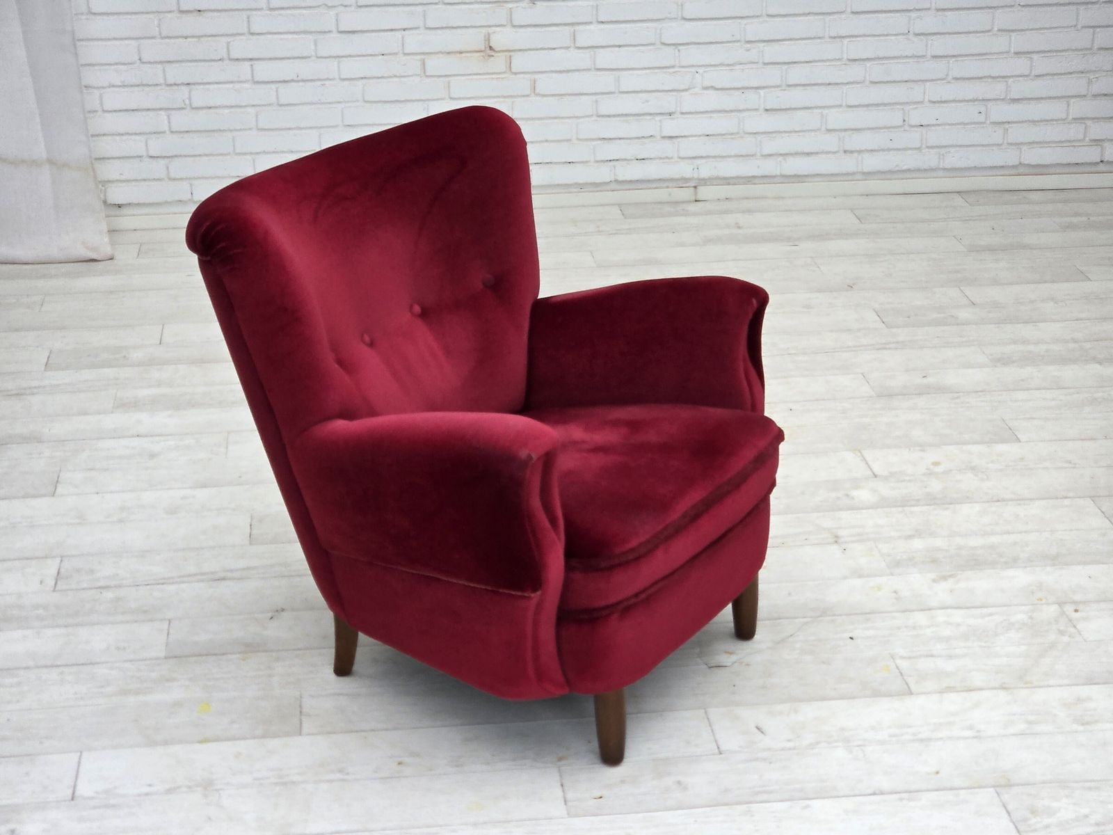 photo for sale 1960s, Danish Armchair, Cherry Red Furniture Velour, Beech Wood Legs.
