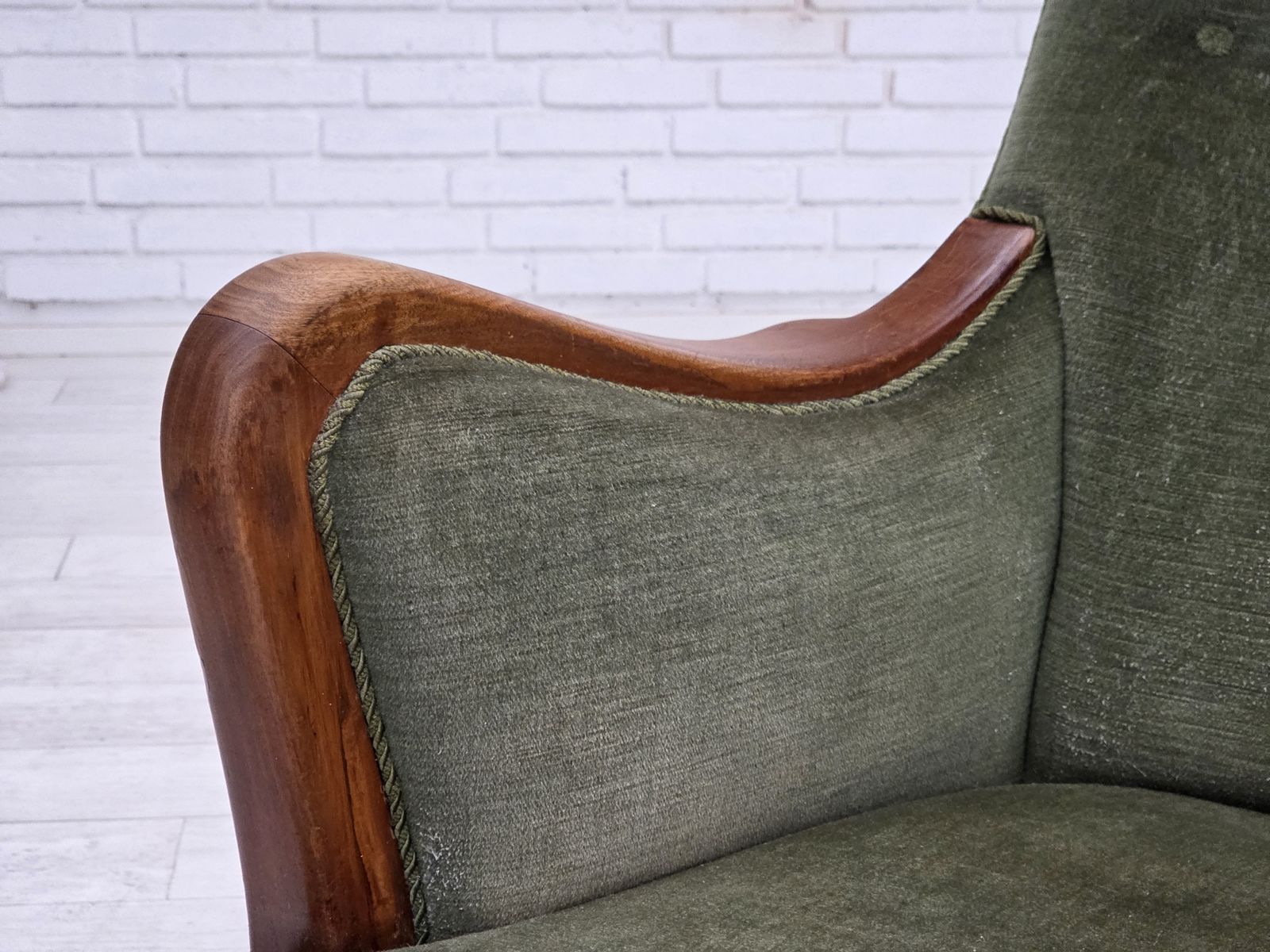 photo for sale 1960s, Danish Highback Armchair, Green Furniture Velour, Teak Wood.