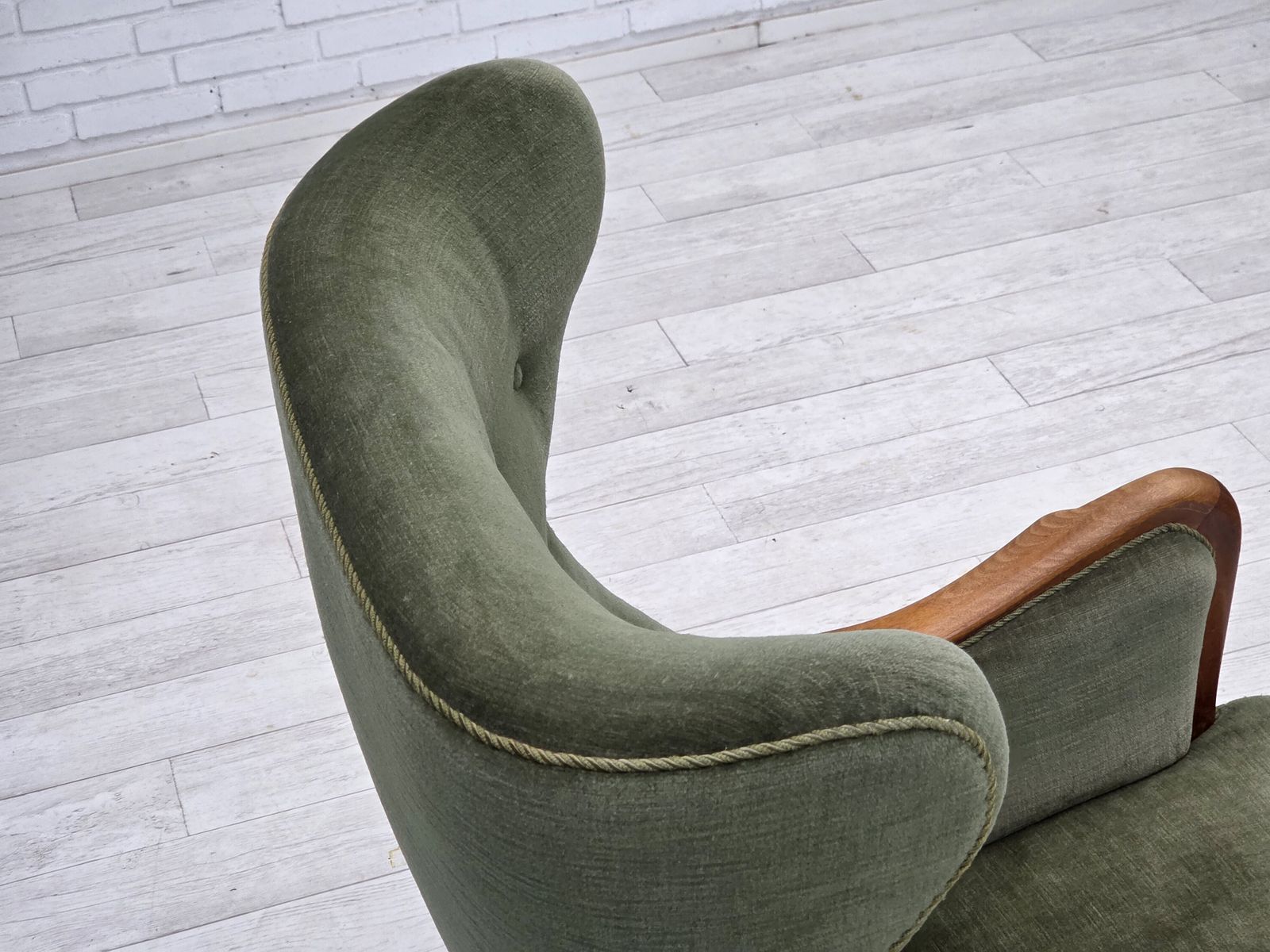 photo buy 1960s, Danish Highback Armchair, Green Furniture Velour, Teak Wood.