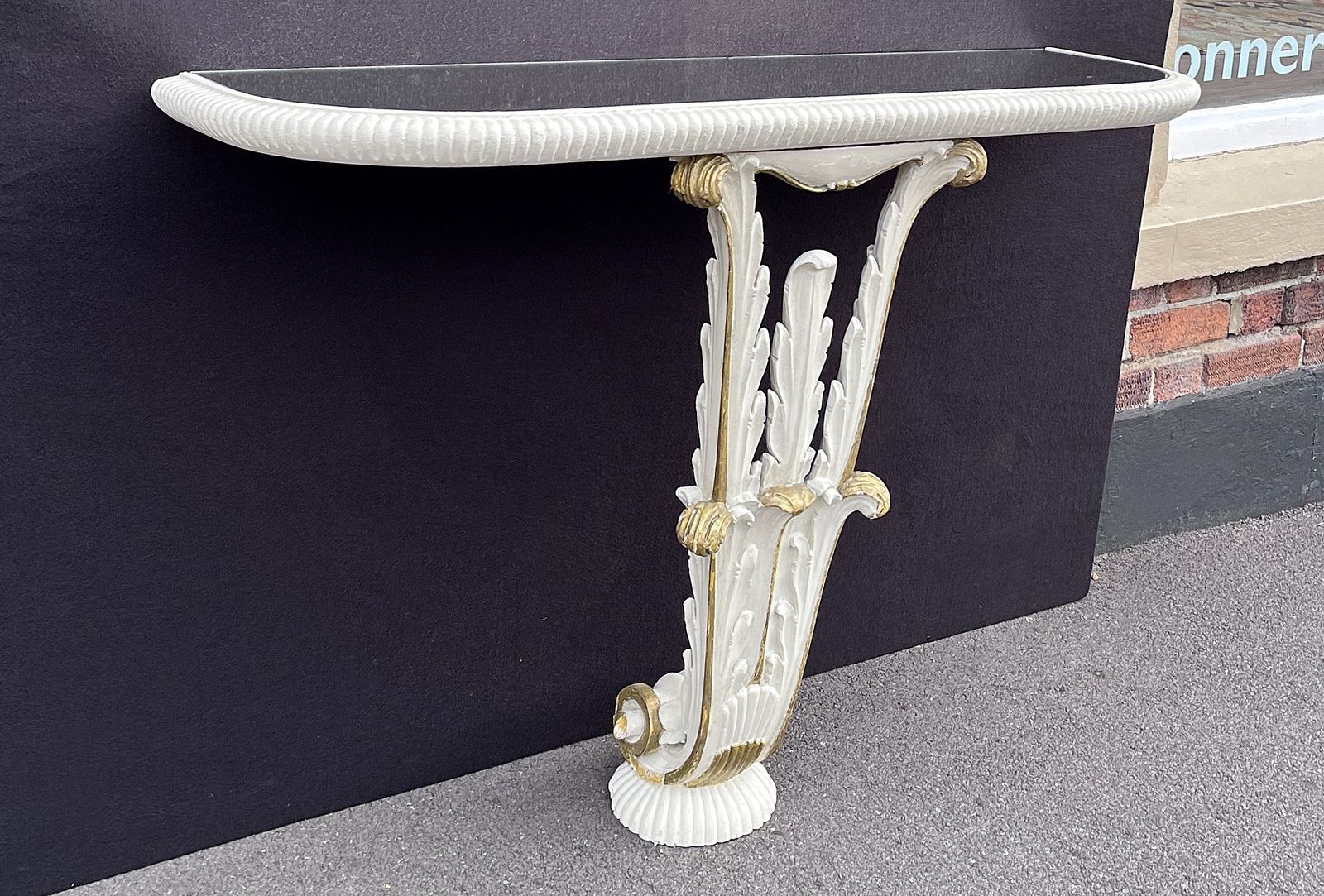 Furniture Italian Demi Lune Console 1930's, Carved Wood, Painted And Gilded photo
