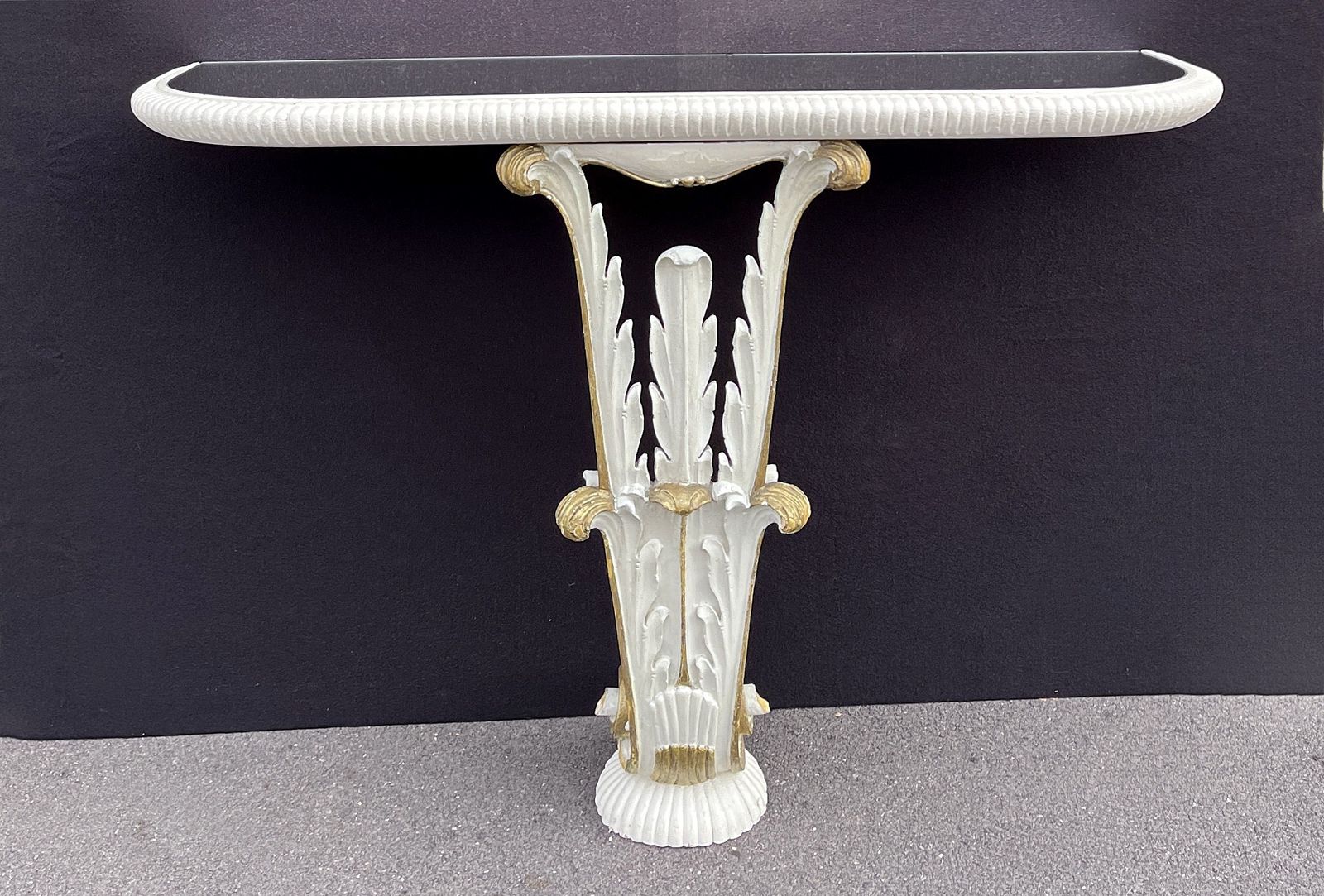 Italian Demi Lune Console 1930's, Carved Wood, Painted And Gilded