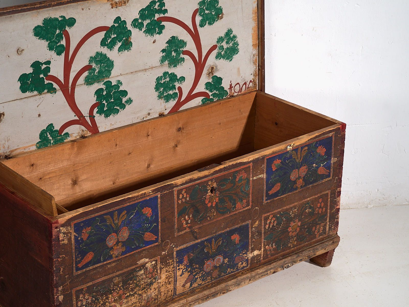 Antique Wooden Chest With Blue Floral Panels (Year 1905) #99 photo for sale