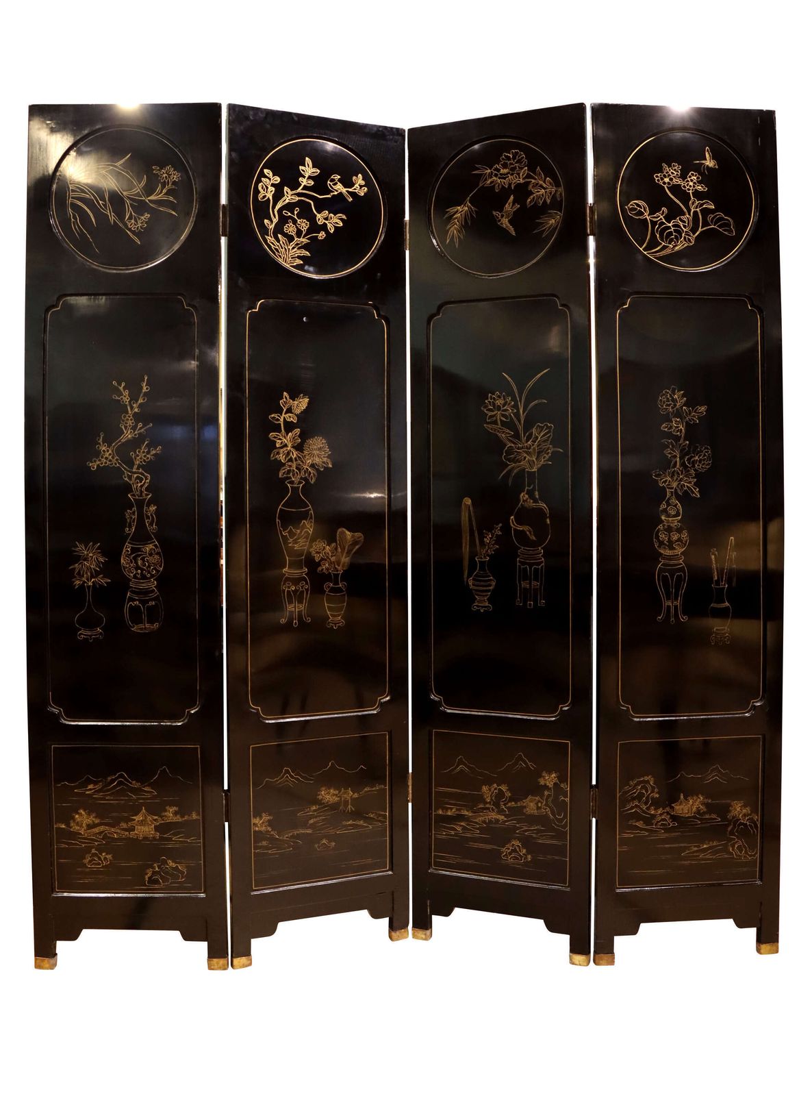 A Chinese Chinoiserie Hardstone Mounted Black Lacquer Four Fold Screen, Circa 1930 photo furniture