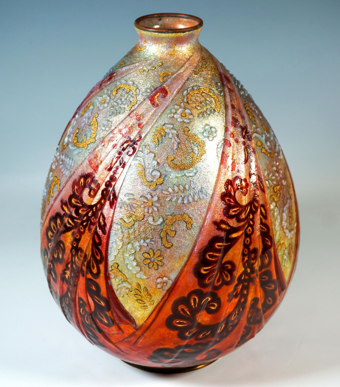 Large Art Déco Enamel Vase 'Volants Et Dentelles', Camille Fauré, France 1925/30 photo for sale