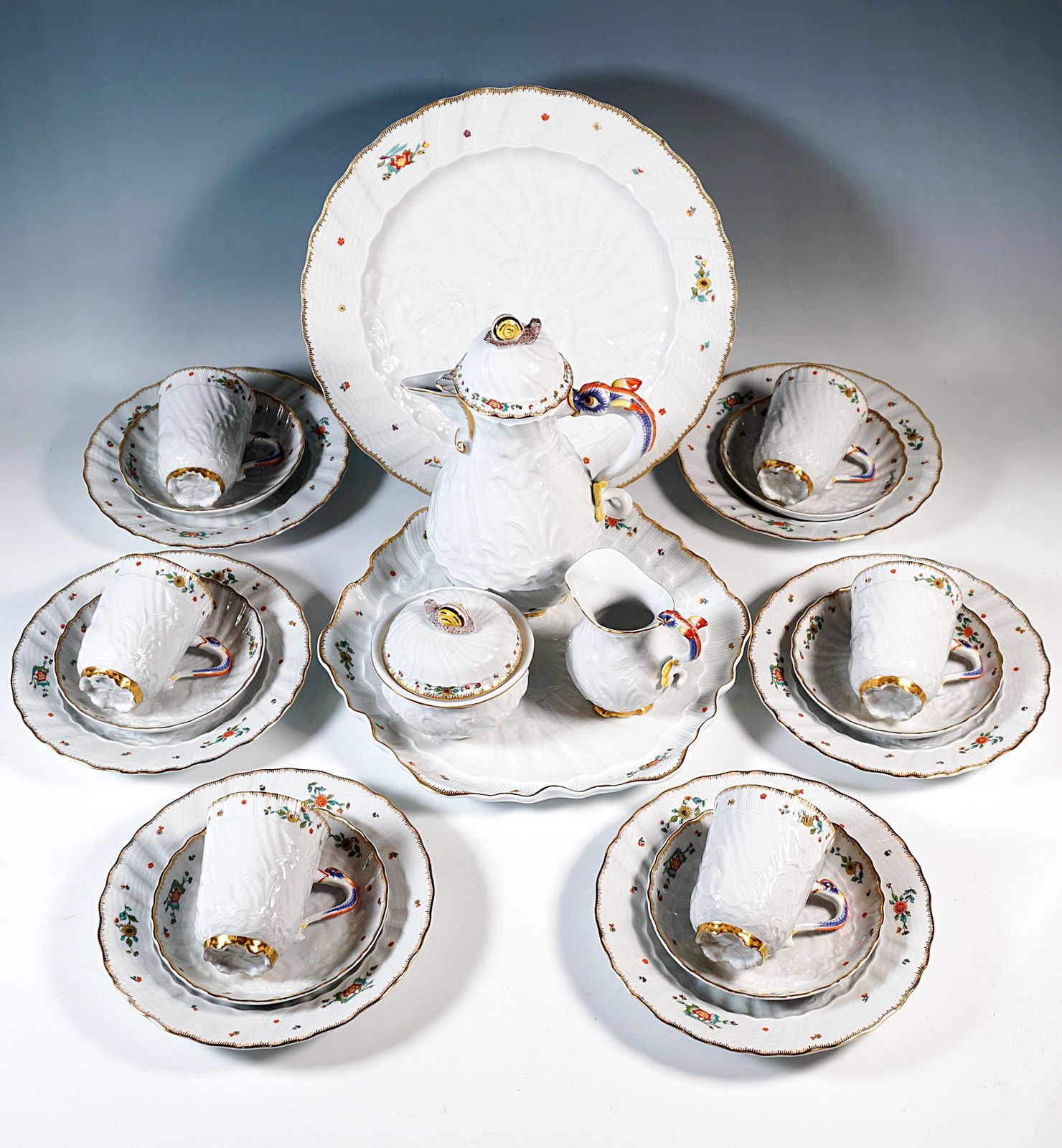 Meissen Swan Service Coffee Set For 6 Persons, With Indian Flowers, 20th Century photo for sale